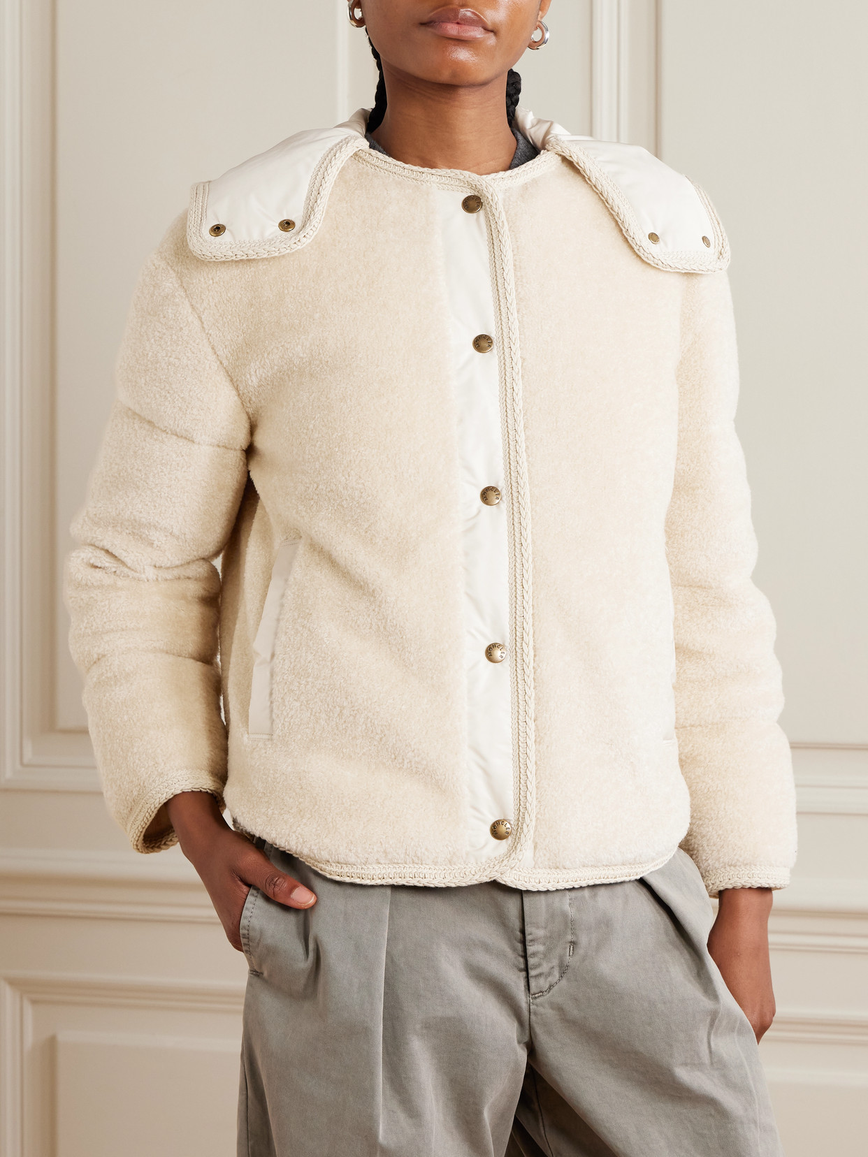 Moncler Ciboulette Hooded Shell-trimmed Plush Down Jacket In Neutral