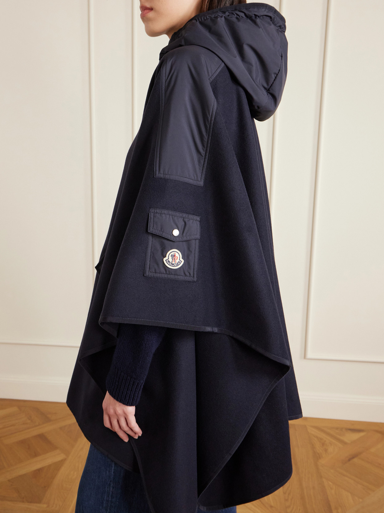 Hooded Appliquéd Shell-Trimmed Wool-Blend Cape