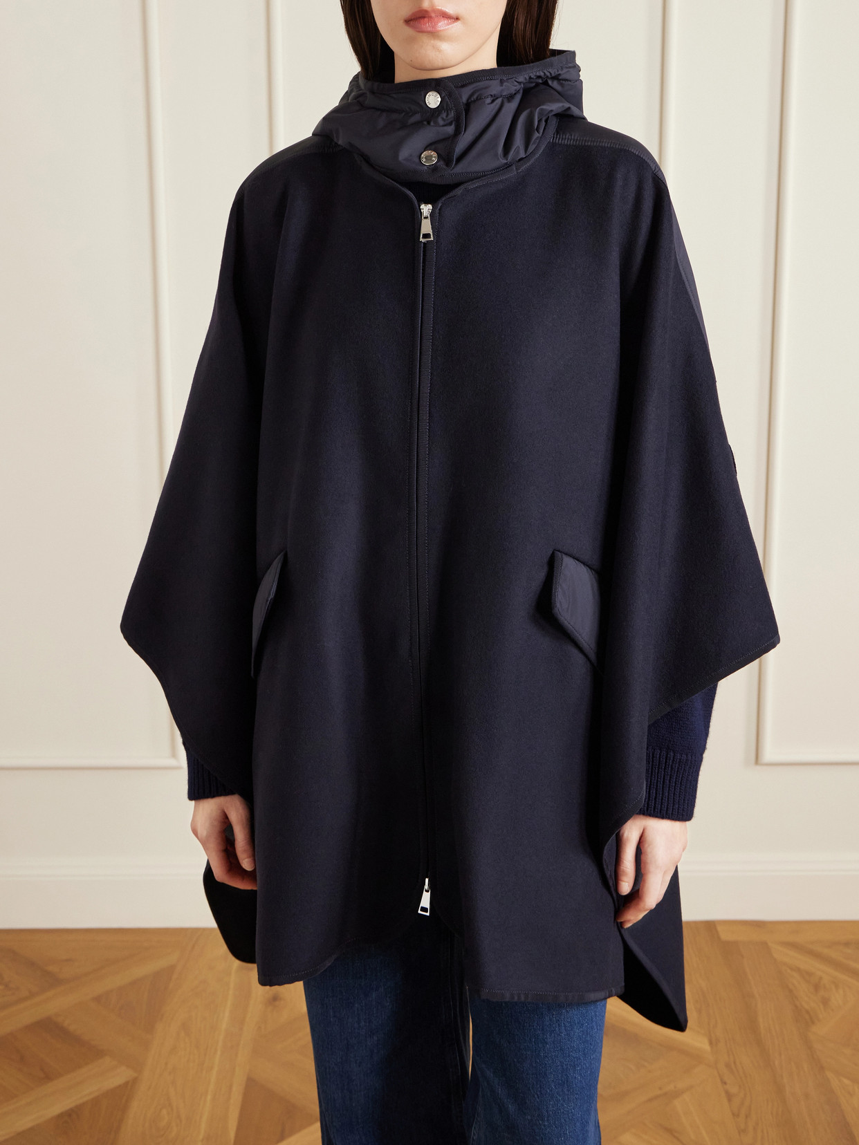 Hooded Appliquéd Shell-Trimmed Wool-Blend Cape