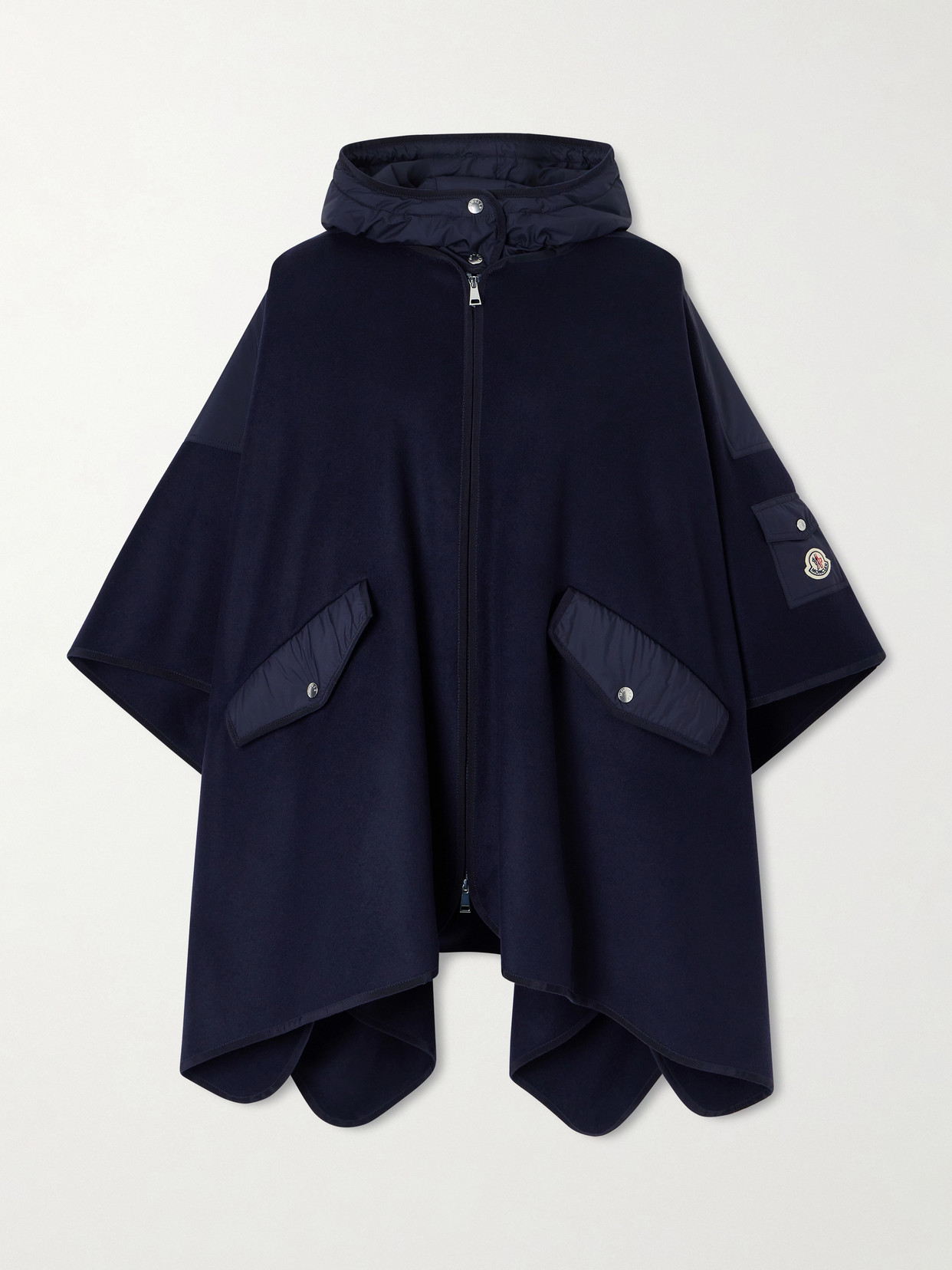 Moncler Hooded Appliquéd Shell-trimmed Wool-blend Cape In Blue