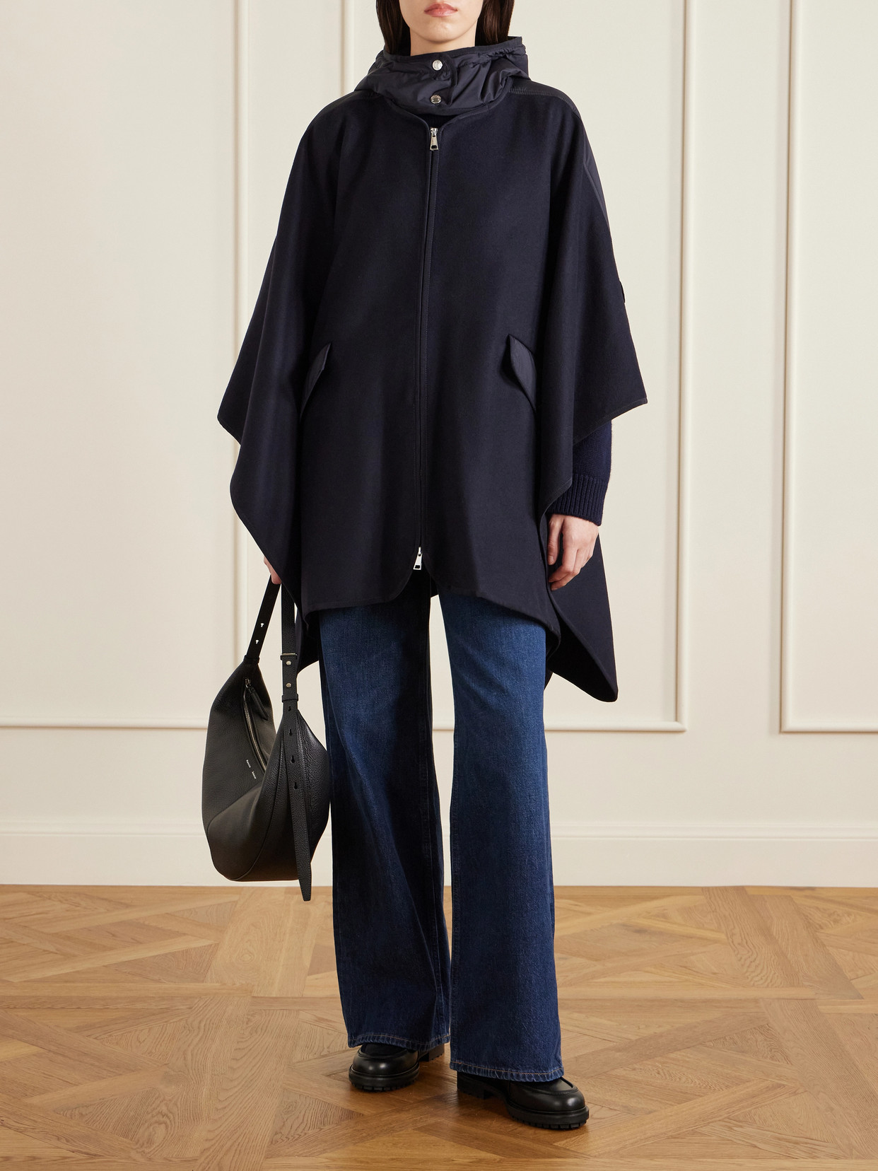 Hooded Appliquéd Shell-Trimmed Wool-Blend Cape