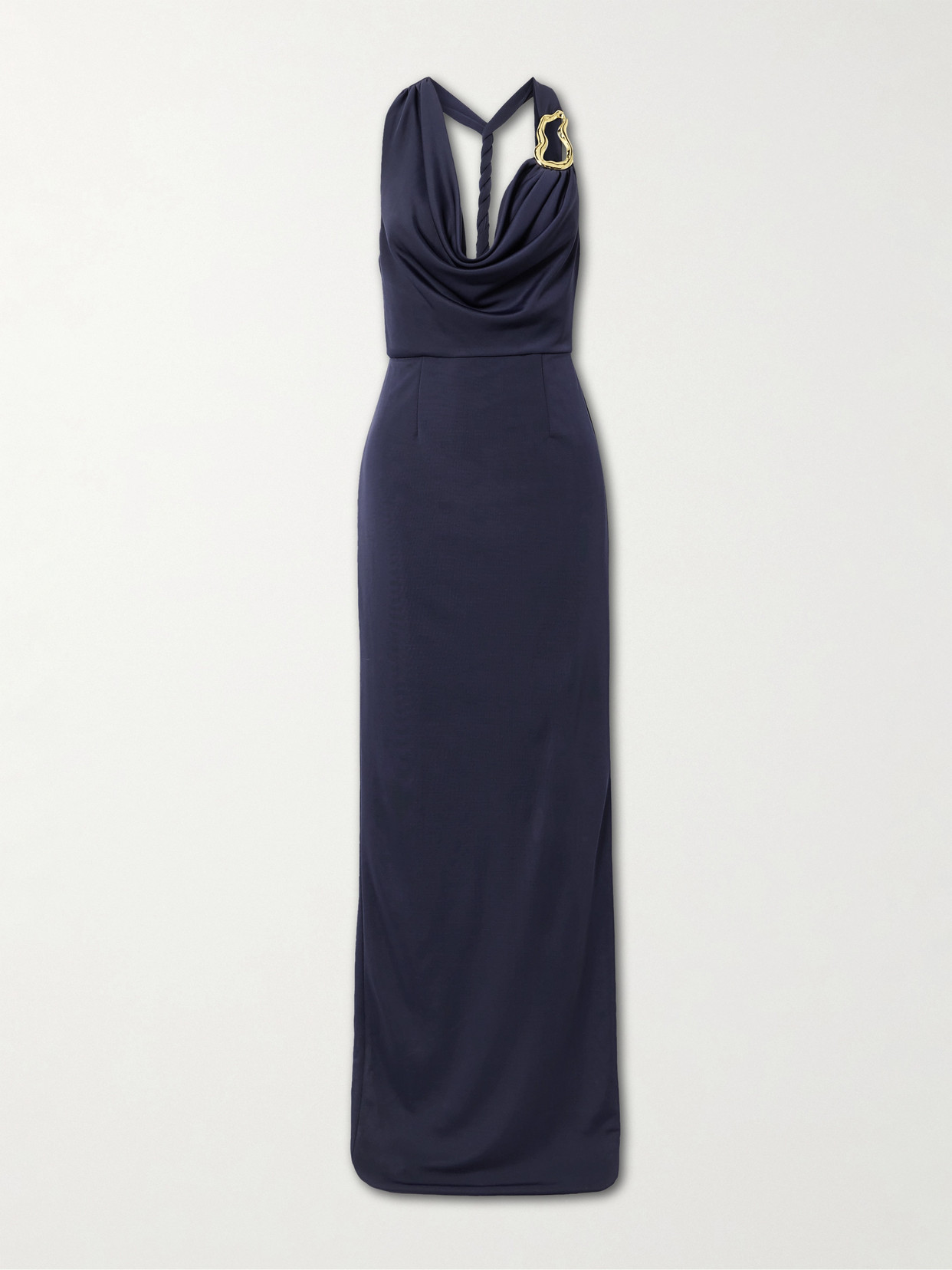 Rebecca Vallance Ayesha Draped Embellished Stretch Satin-jersey Halterneck Gown In Blue