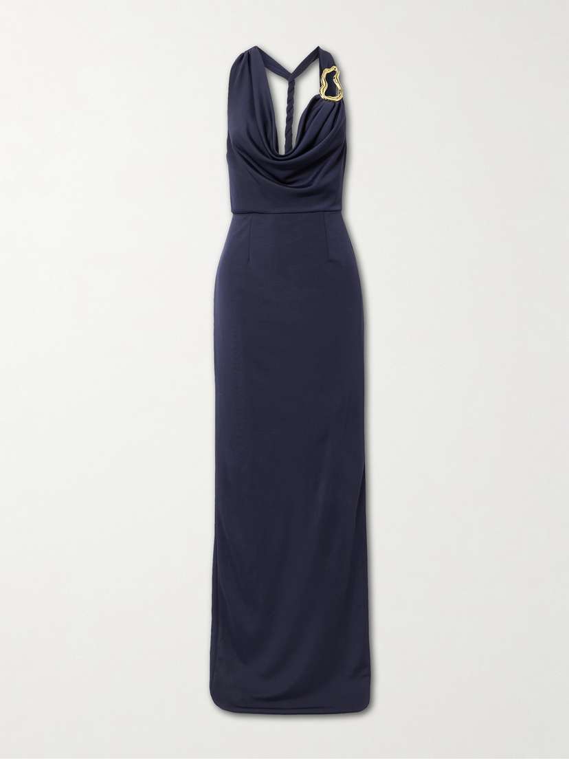 Rebecca Vallance Ayesha Draped Embellished Stretch Satin-jersey Halterneck Gown