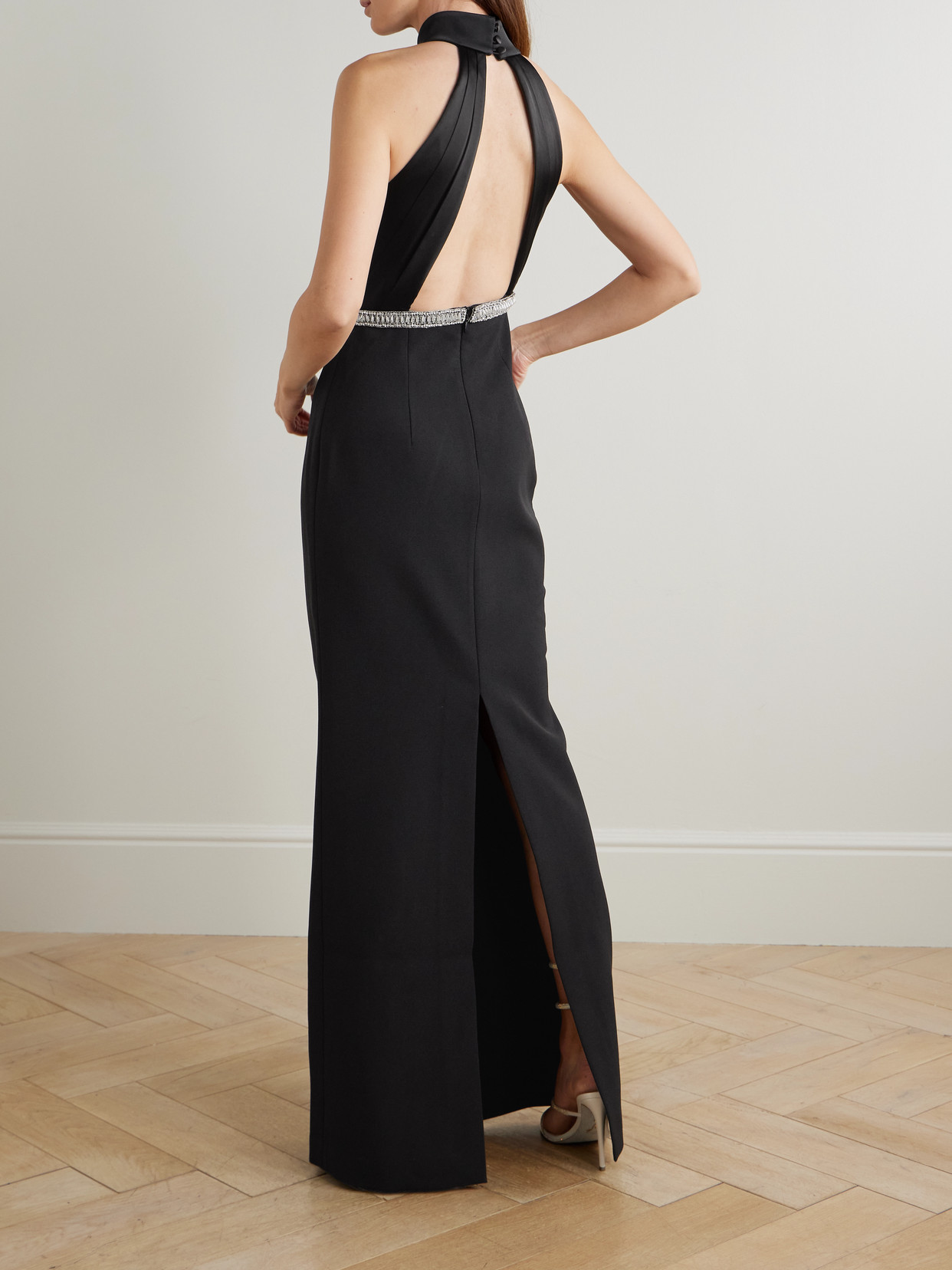 Rebecca Vallance Lilith Crystal-embellished Pleated Crepe Halterneck Gown In Black
