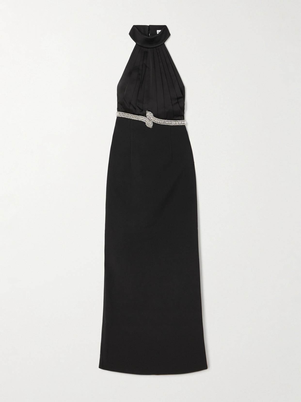 Rebecca Vallance Lilith Crystal-embellished Pleated Crepe Halterneck Gown In Black