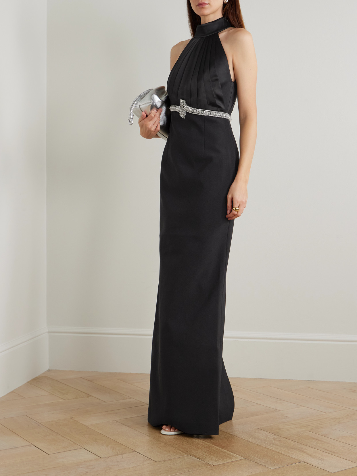 Rebecca Vallance Lilith Crystal-embellished Pleated Crepe Halterneck Gown In Black