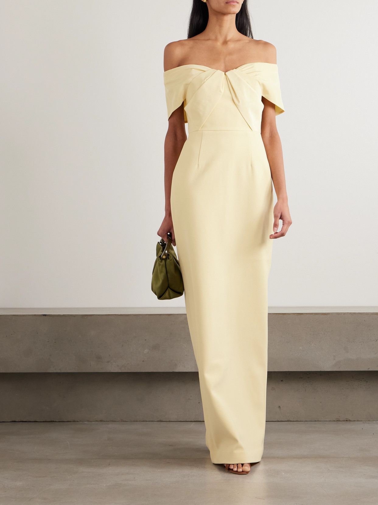 Rebecca Vallance Aubriella Off-the-shoulder Satin-trimmed Crepe Gown In Nude