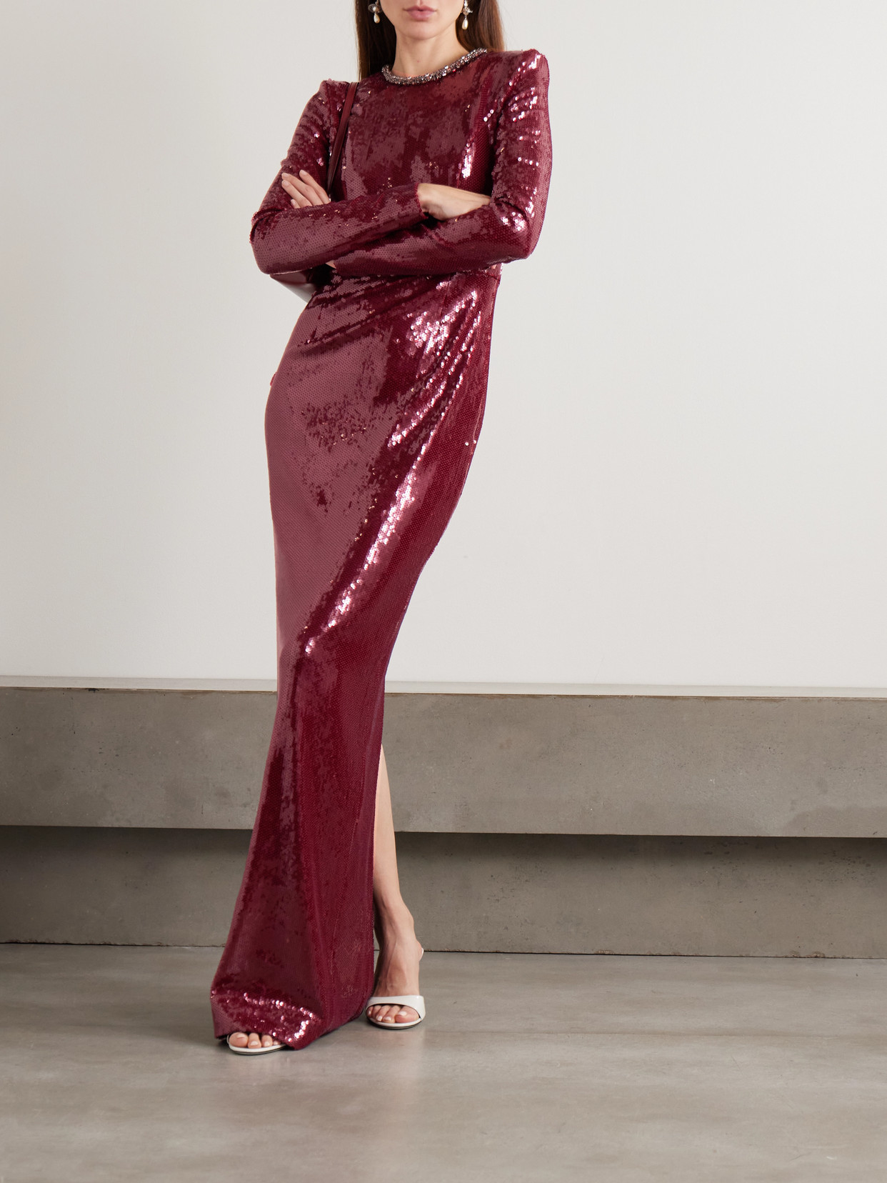 Rebecca Vallance Nero Crystal-embellished Sequinned Stretch-mesh Gown In Burgundy
