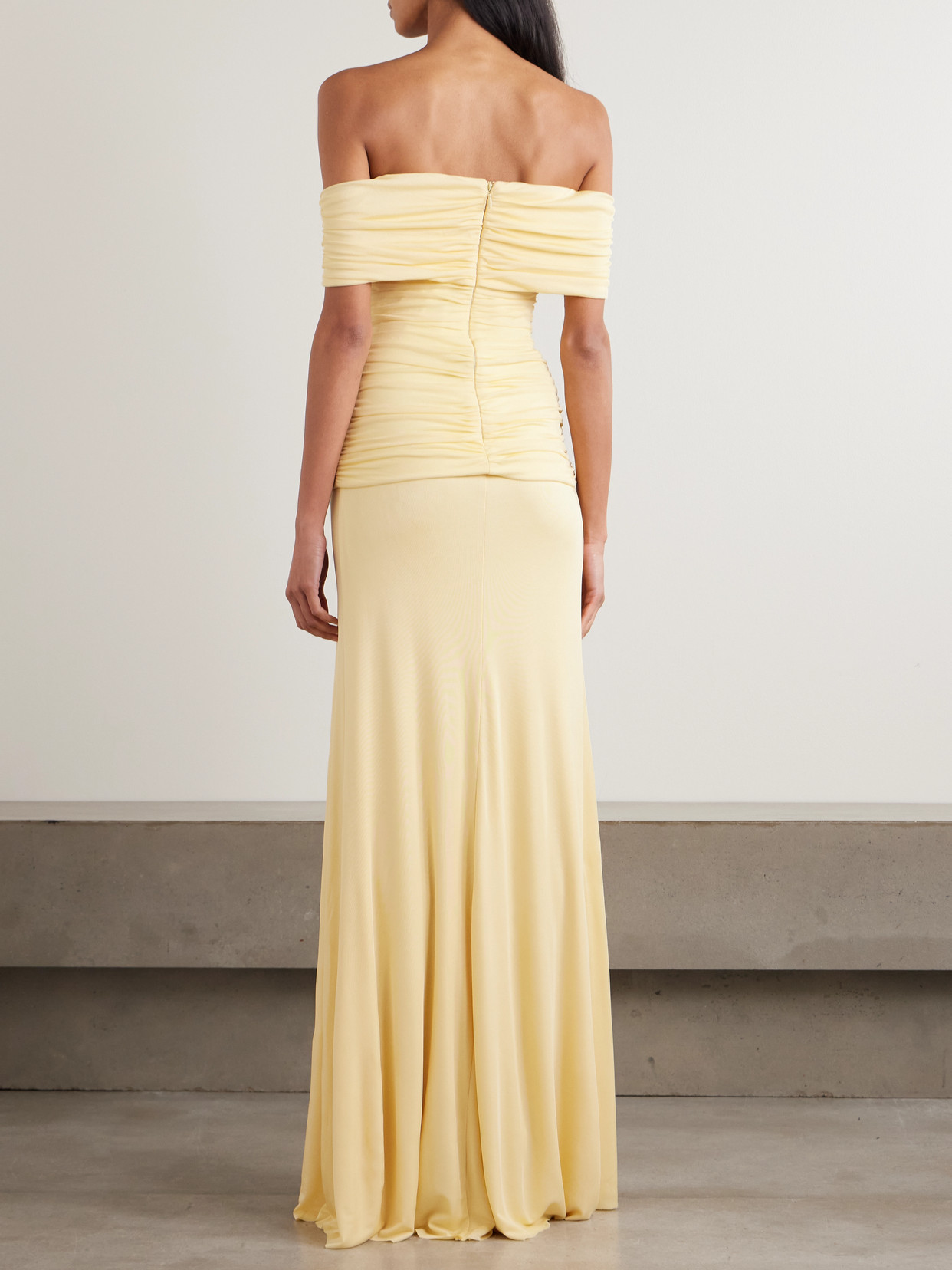 Rebecca Vallance Zaley Off-the-shoulder Ruched Jersey Gown In Yellow