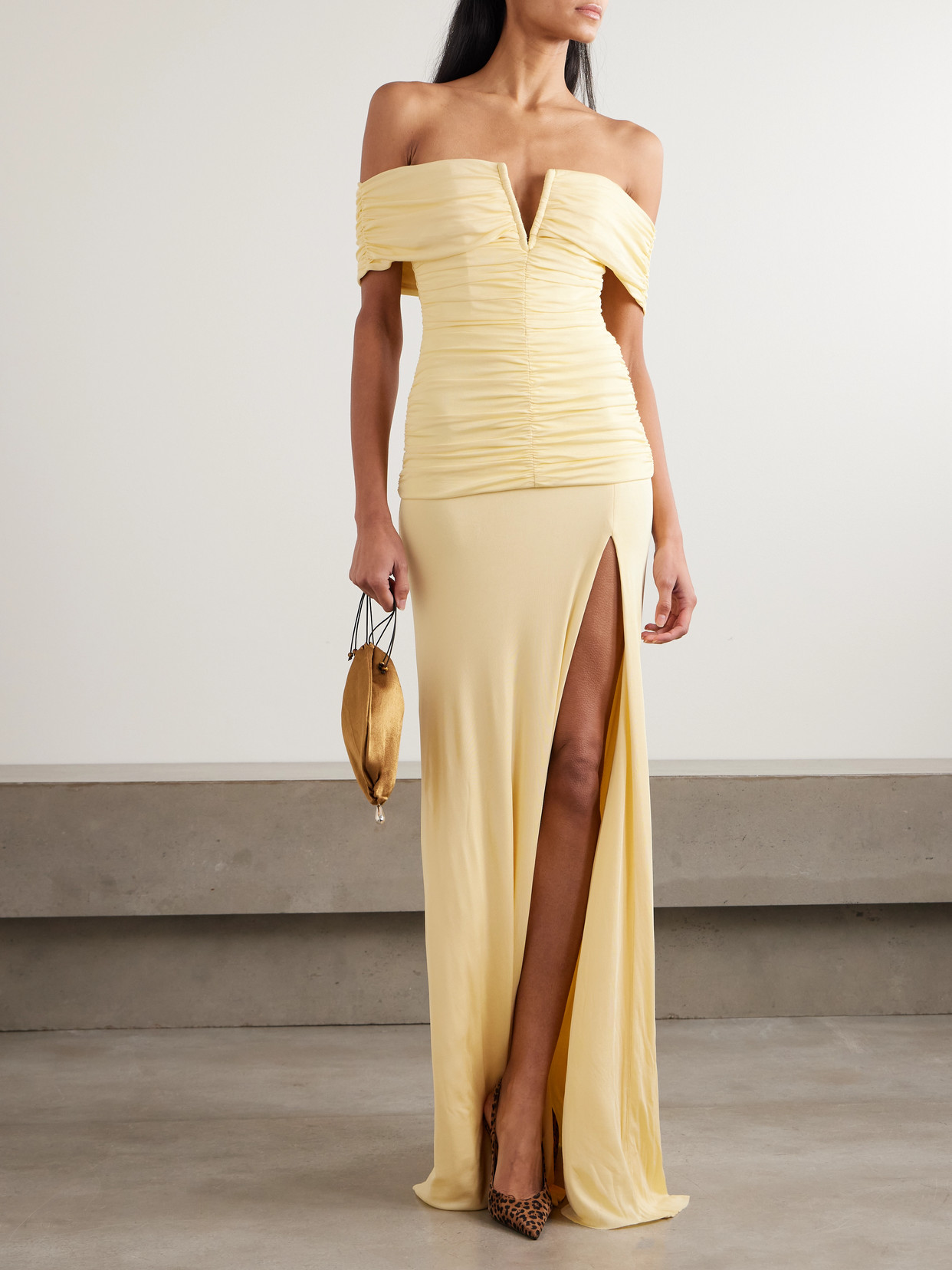 Rebecca Vallance Zaley Off-the-shoulder Ruched Jersey Gown In Yellow