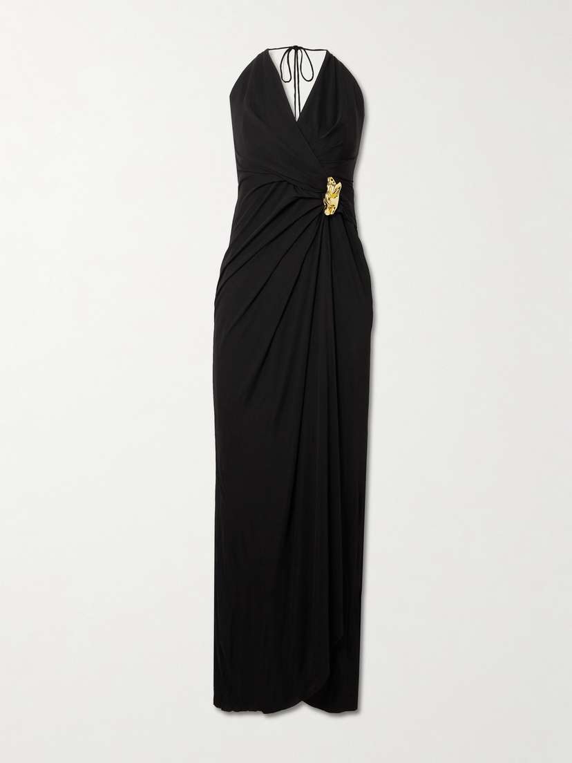 Rebecca Vallance Zaley Draped Embellished Jersey Halterneck Maxi Dress