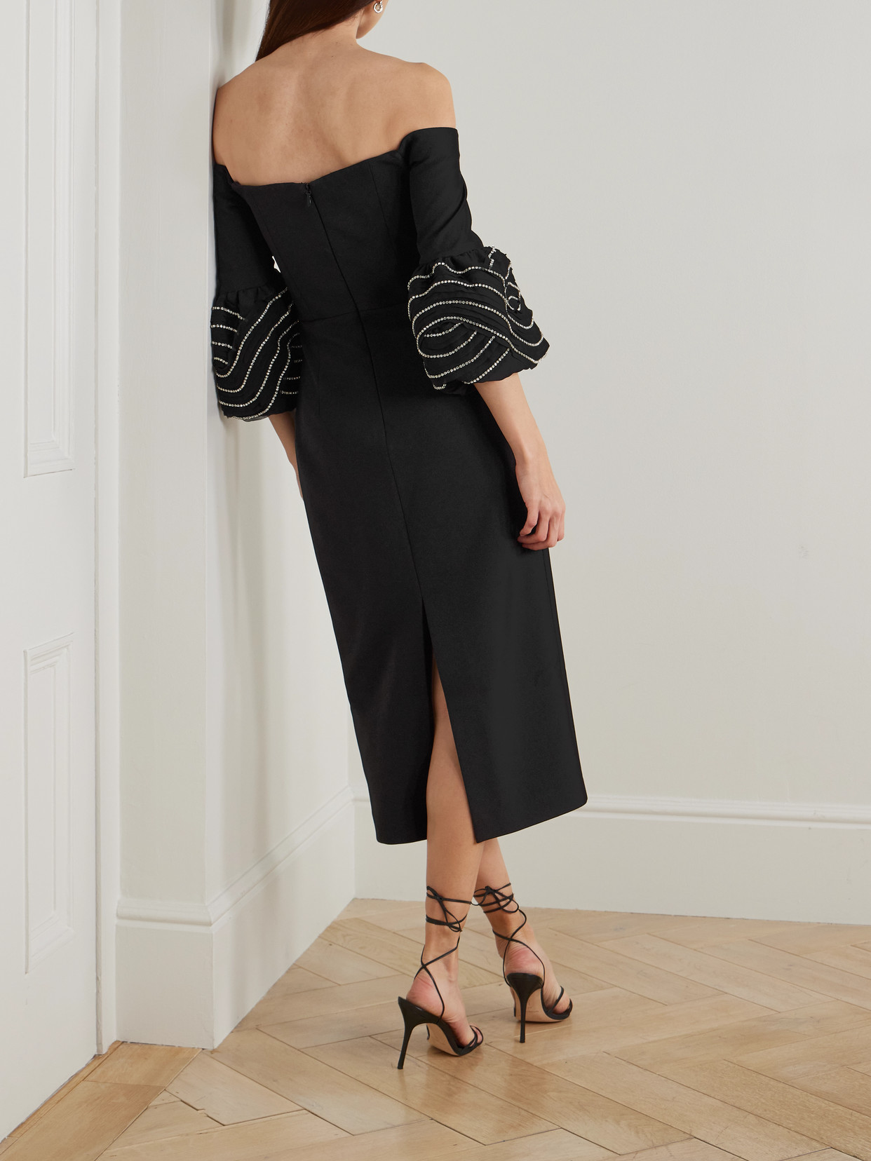 Rebecca Vallance Bellatrix Off-the-shoulder Crystal-embellished Crepe Midi Dress In Black