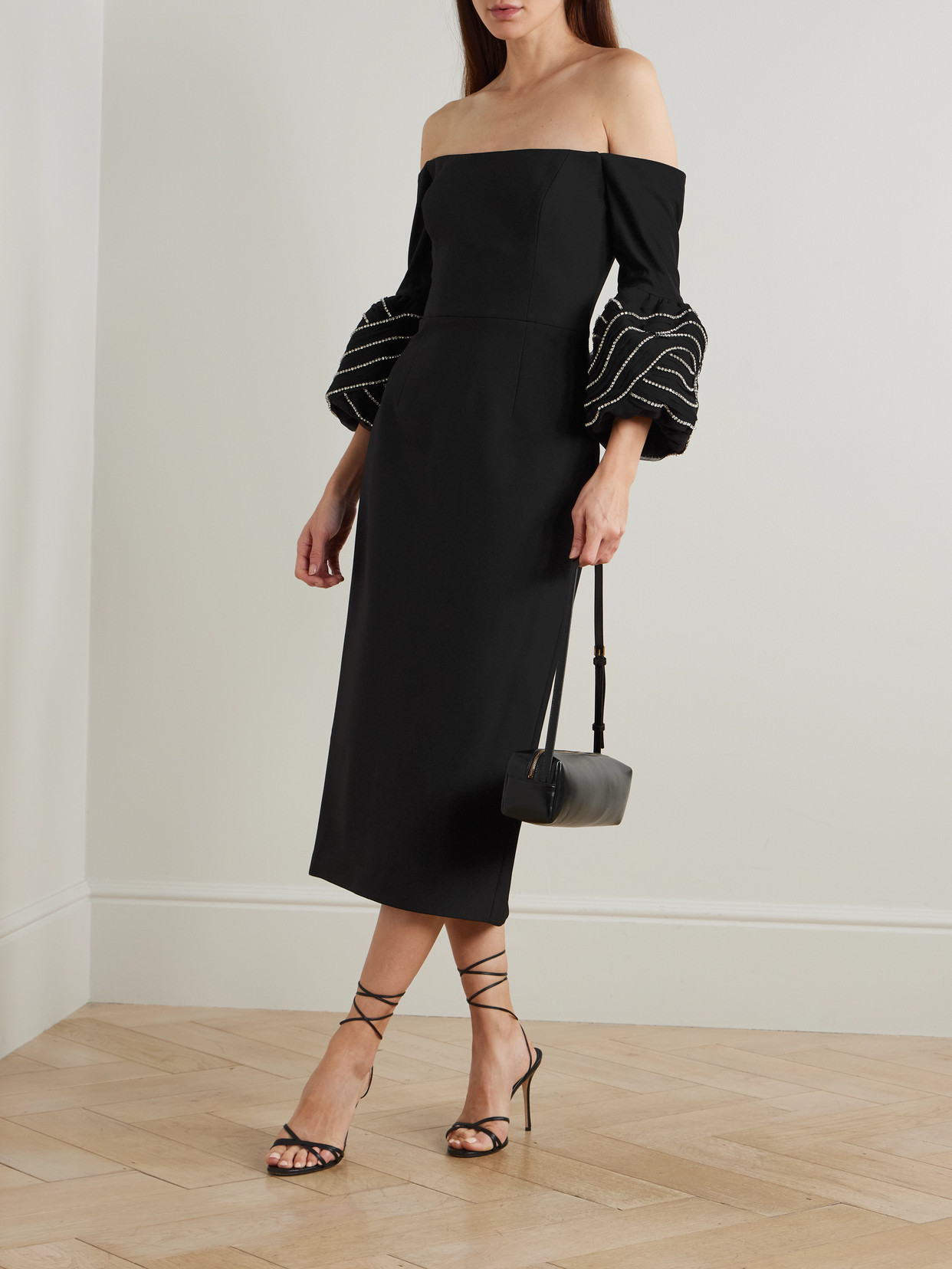 Rebecca Vallance Bellatrix Off-the-shoulder Crystal-embellished Crepe Midi Dress In Black
