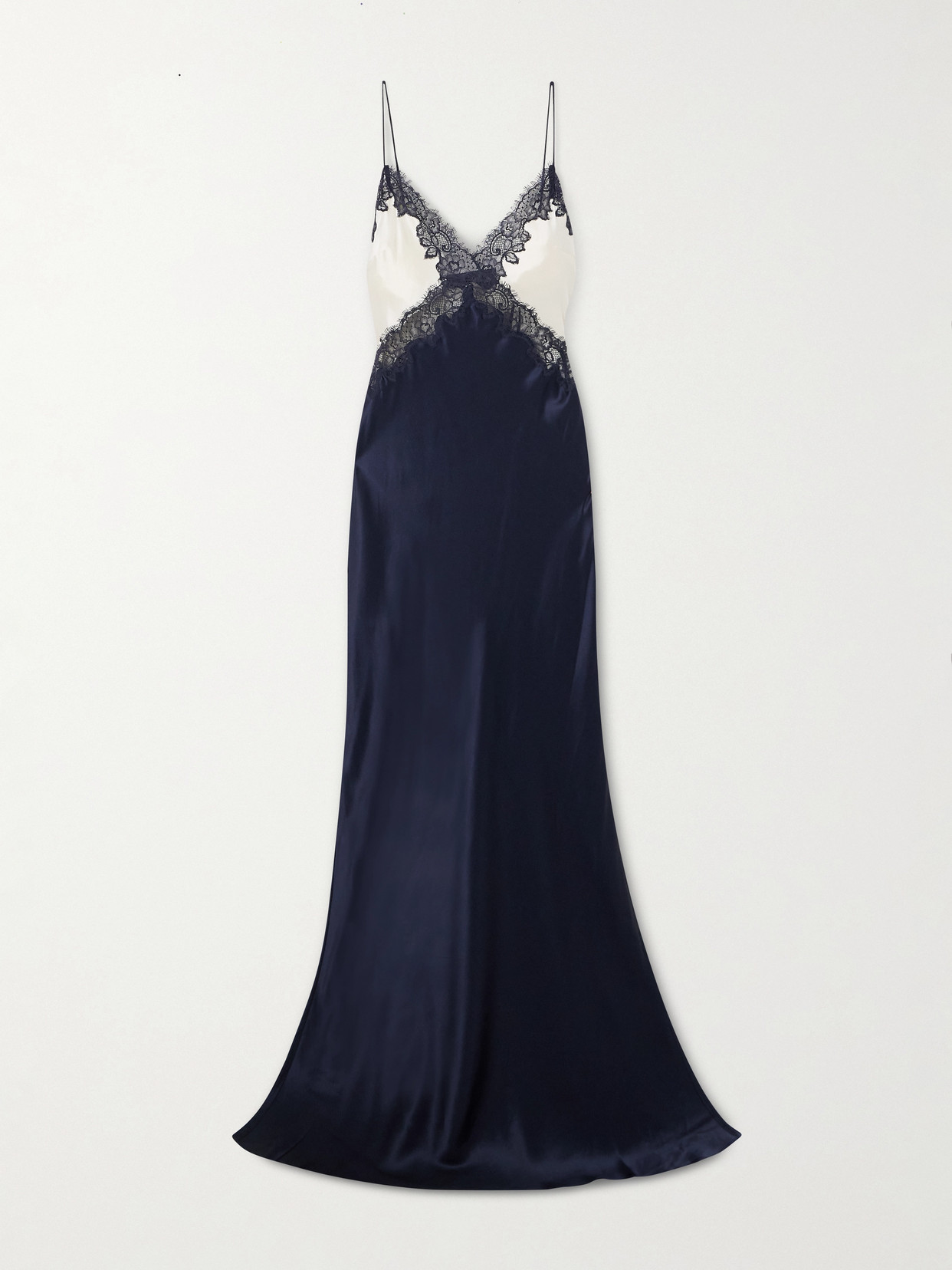 Rebecca Vallance Aumoe Lace-trimmed Silk-satin Gown In Blue