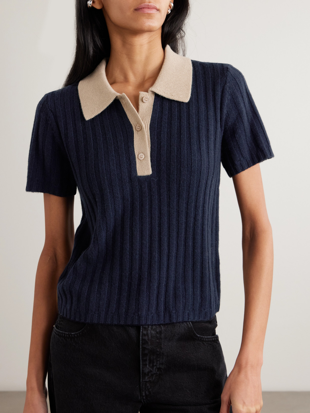 Frame Two-tone Ribbed Cashmere Polo Shirt In Multi