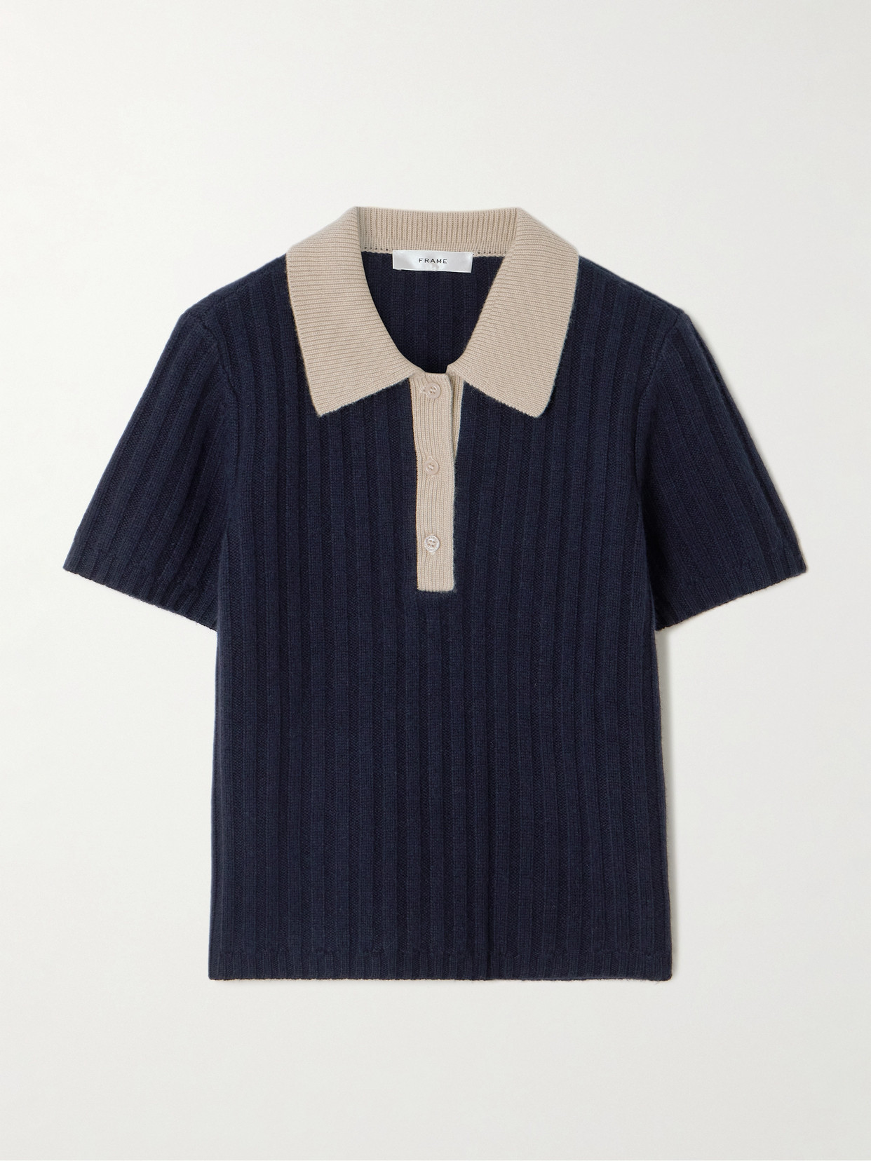Frame Two-tone Ribbed Cashmere Polo Shirt In Blue