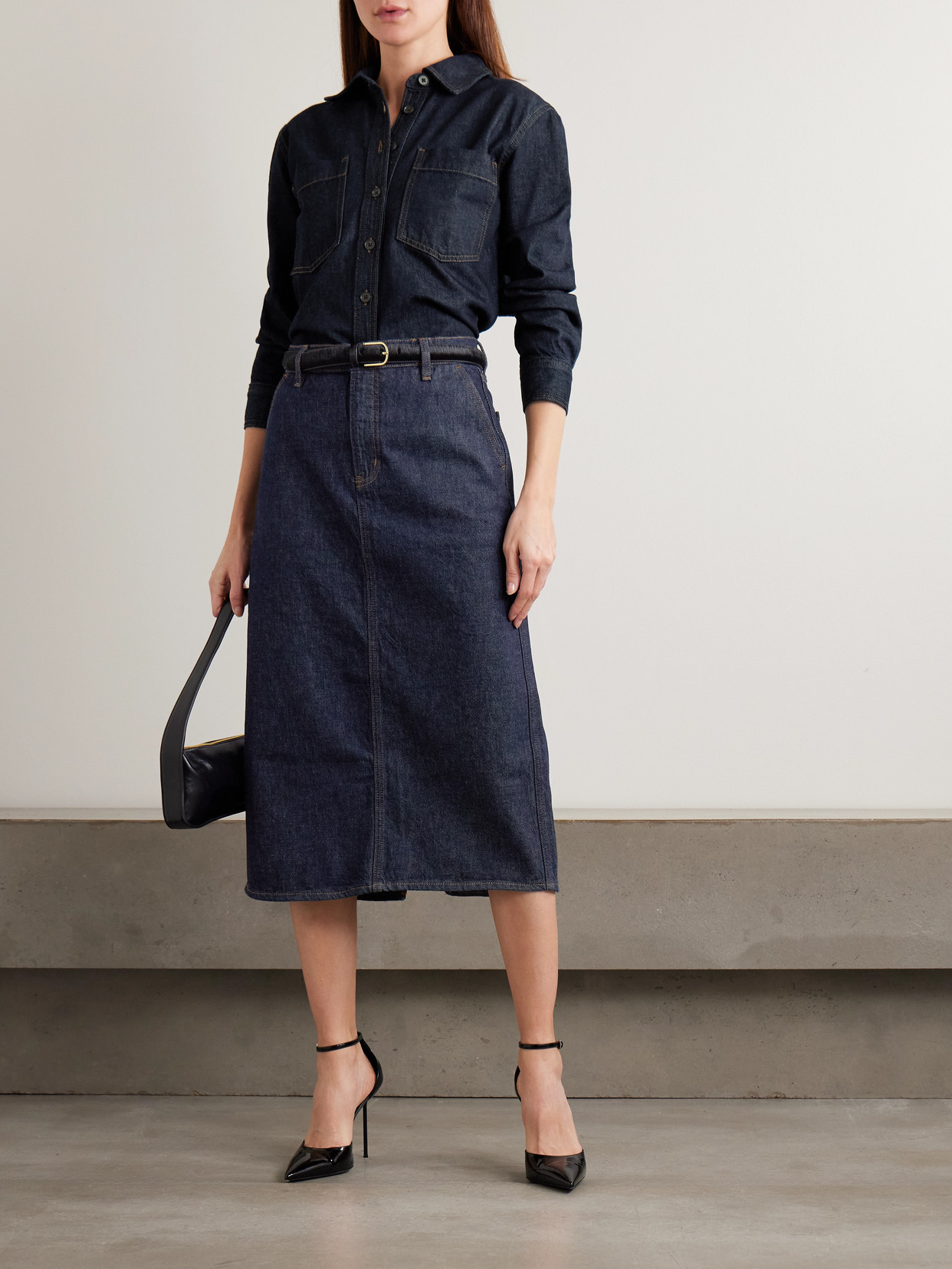 Frame Denim Midi Skirt In Blue