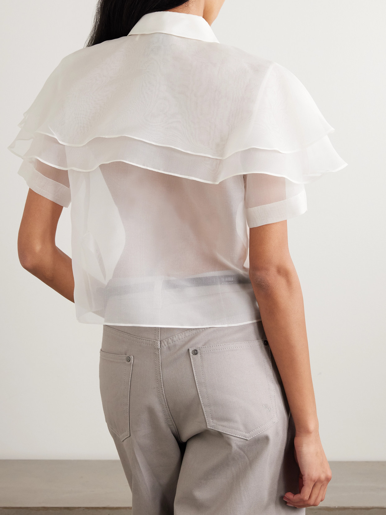 Cape-Effect Layered Silk-Organza Blouse