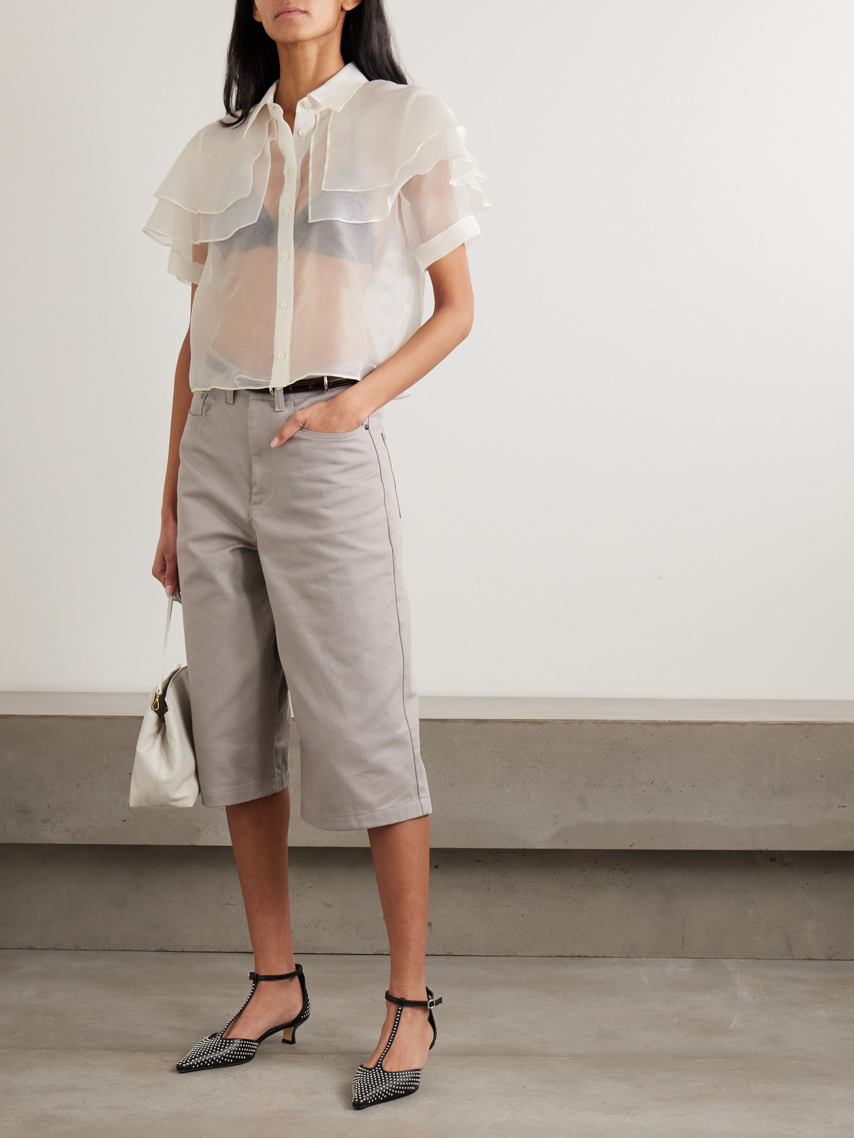 Cape-Effect Layered Silk-Organza Blouse