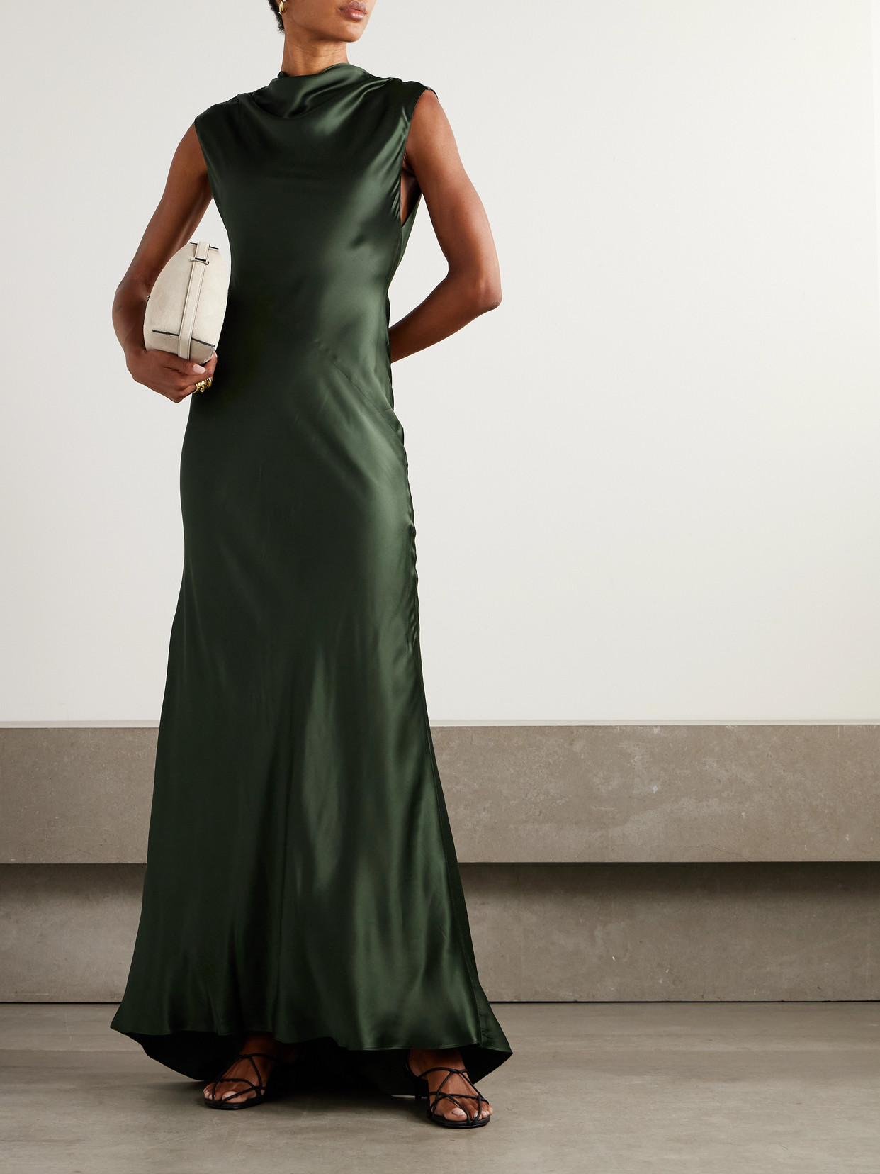 Twp Back To You Paneled Open-back Draped Satin Gown In Green