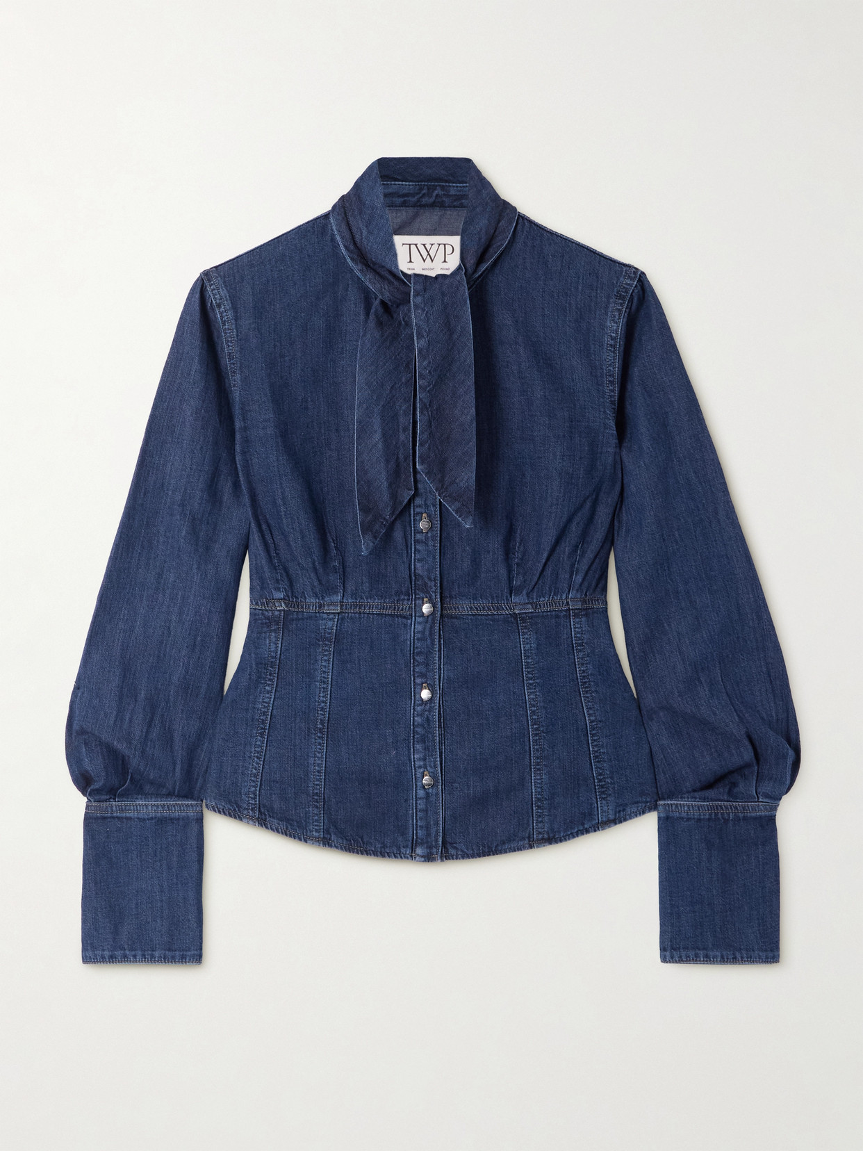 Twp Fifis Pussy-bow Paneled Denim Blouse In Blue