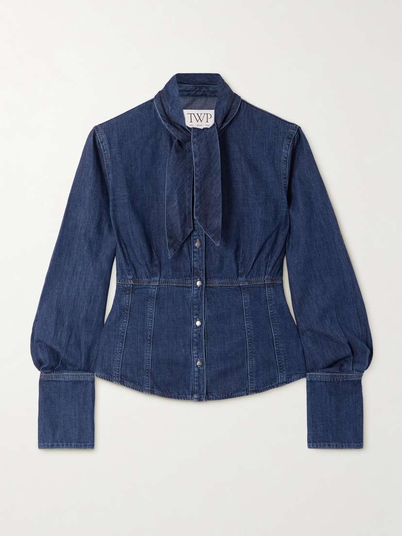 TWP Fifis Pussy-bow Paneled Denim Blouse