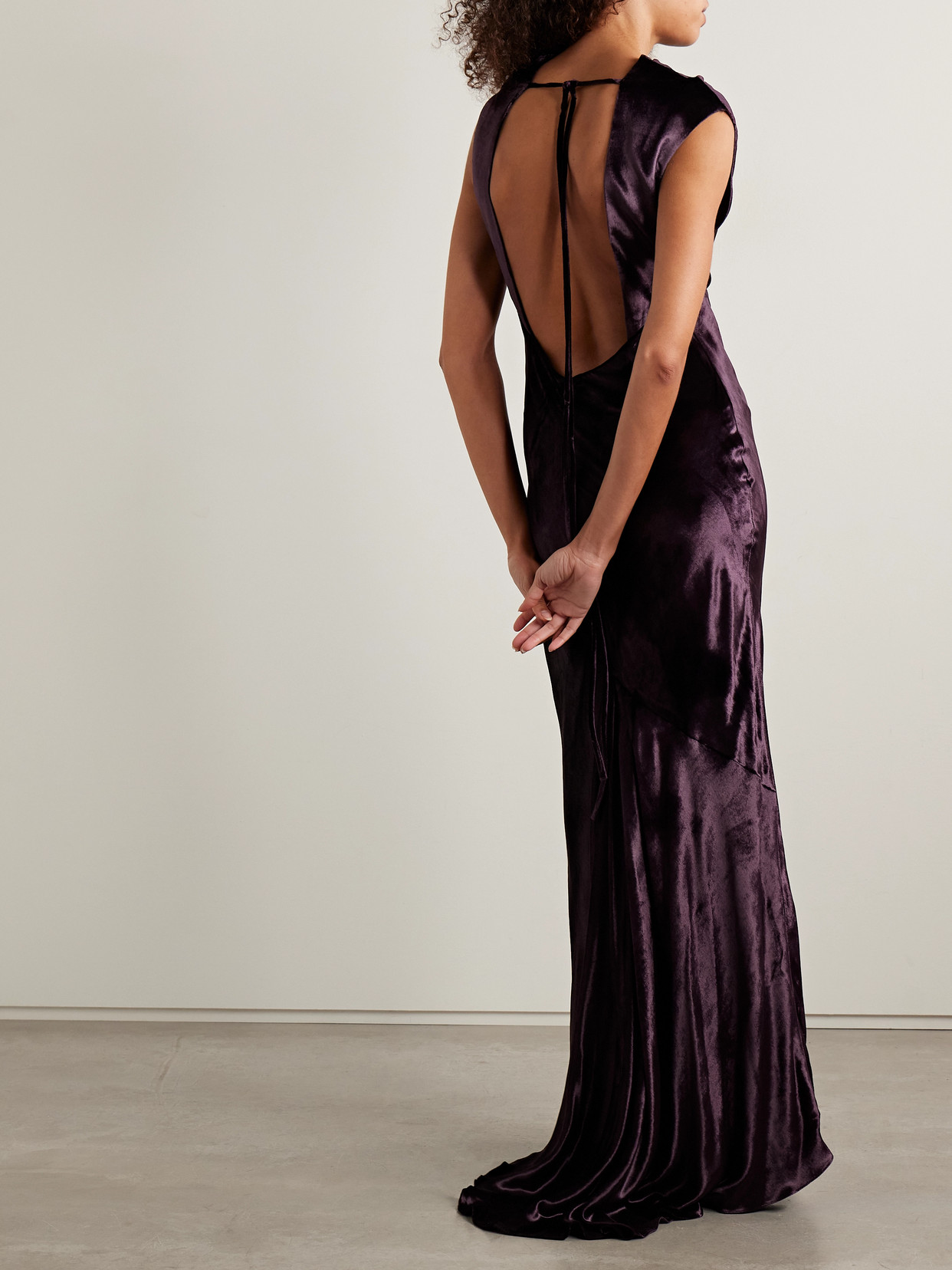Twp Back To You Open-back Draped Velvet Gown In Purple