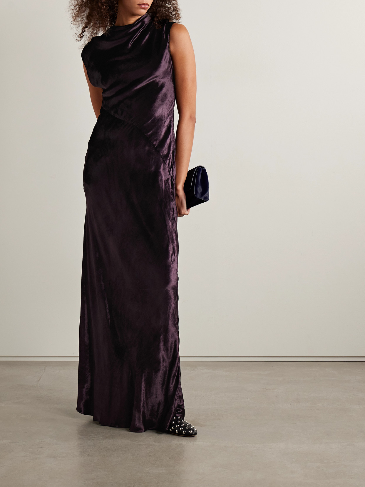 Twp Back To You Open-back Draped Velvet Gown In Purple