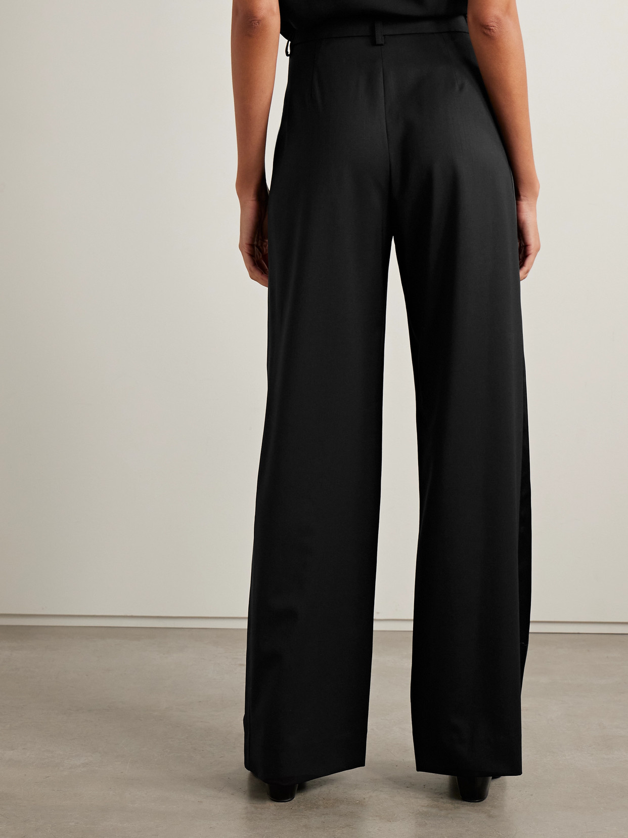 Twp Sulli Satin-trimmed Pleated Wool-blend Twill Wide-leg Pants In Black