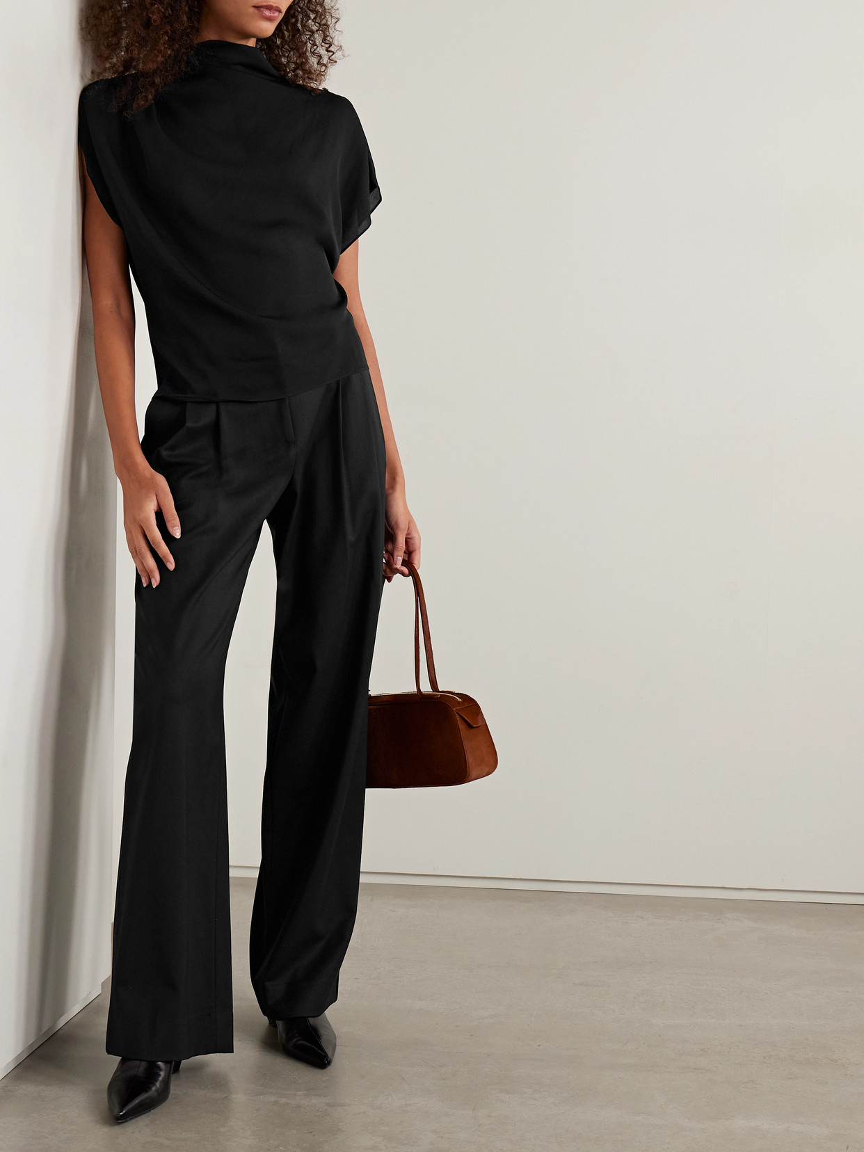 Twp Sulli Satin-trimmed Pleated Wool-blend Twill Wide-leg Pants In Black