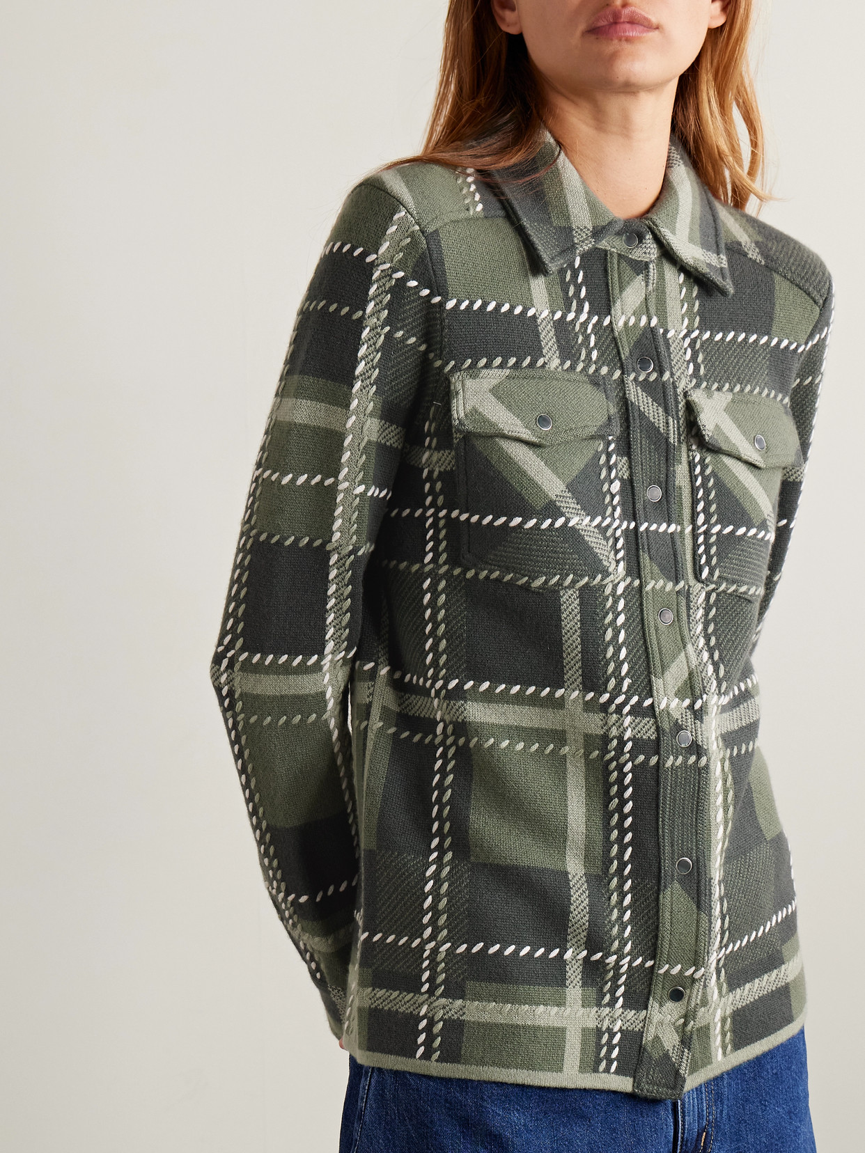 Twp Ranchers Embroidered Checked Cashmere Shirt In Green