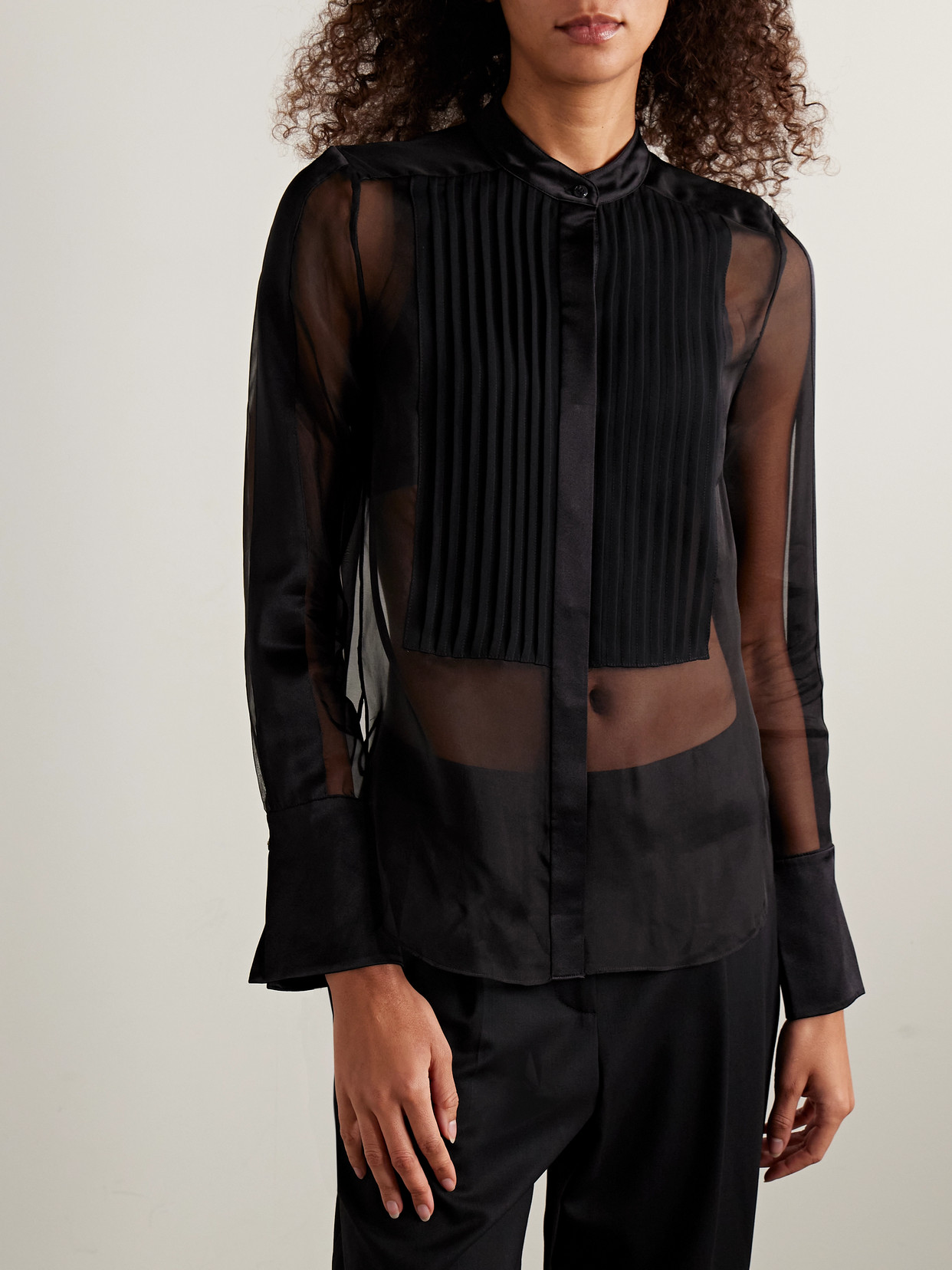 Twp Peyton Pintucked Silk-organza And Satin Blouse In Black