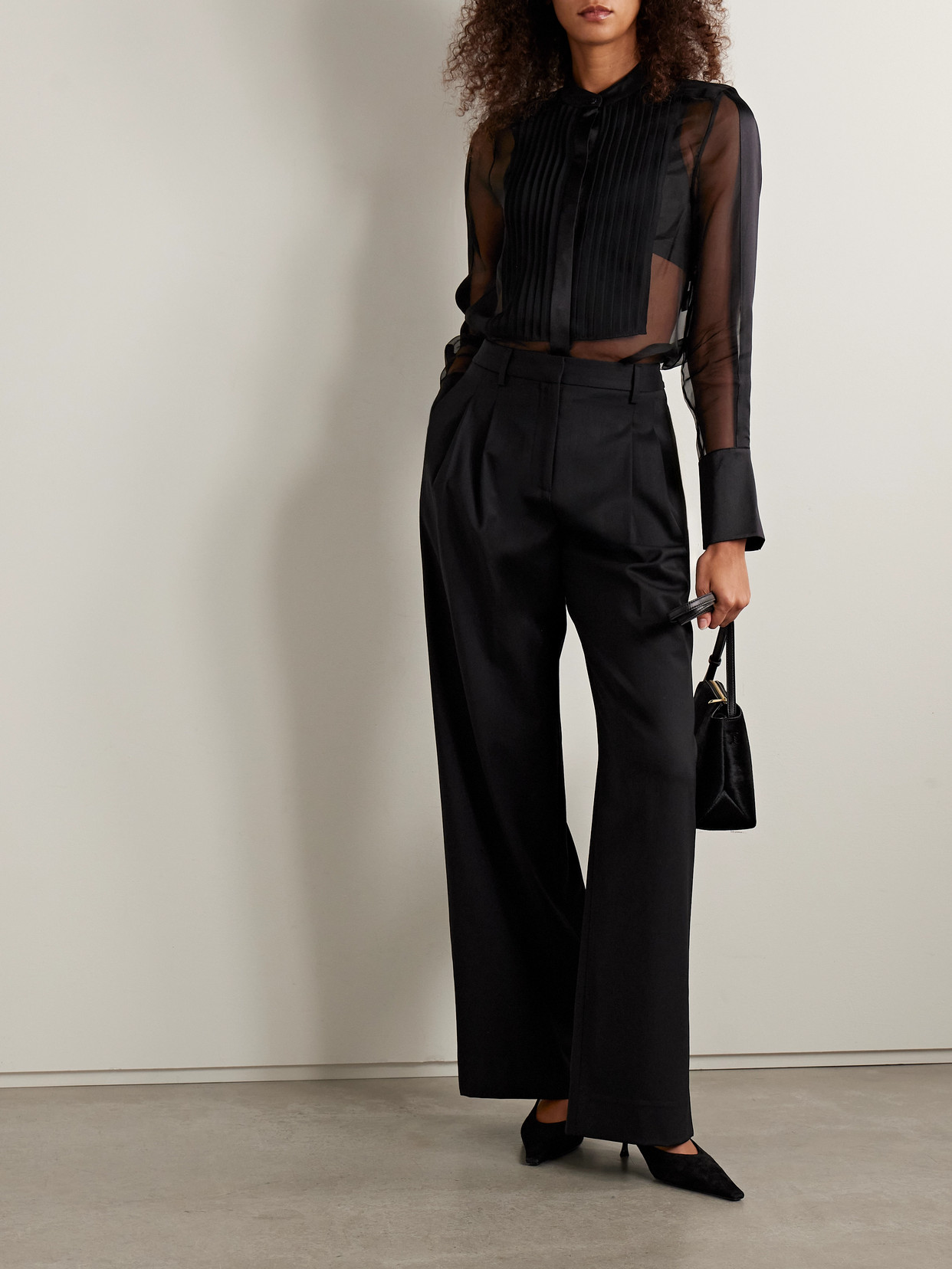 Twp Peyton Pintucked Silk-organza And Satin Blouse In Black
