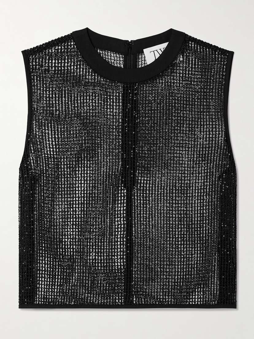 TWP Cropped Sequin-embellished Fishnet Tank