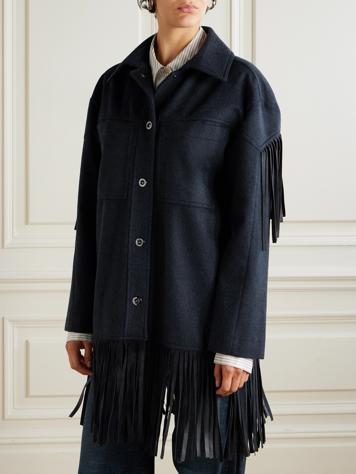 Twp Midnight Cowboy Fringed Suede-trimmed Cashmere Jacket In Blue