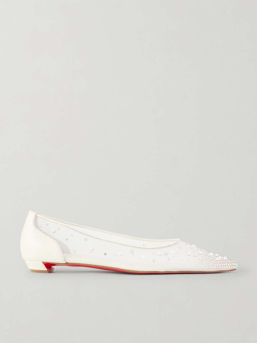 Christian Louboutin Miss Z Degrastrassina Leather-trimmed Embellished Mesh Point-toe Flats