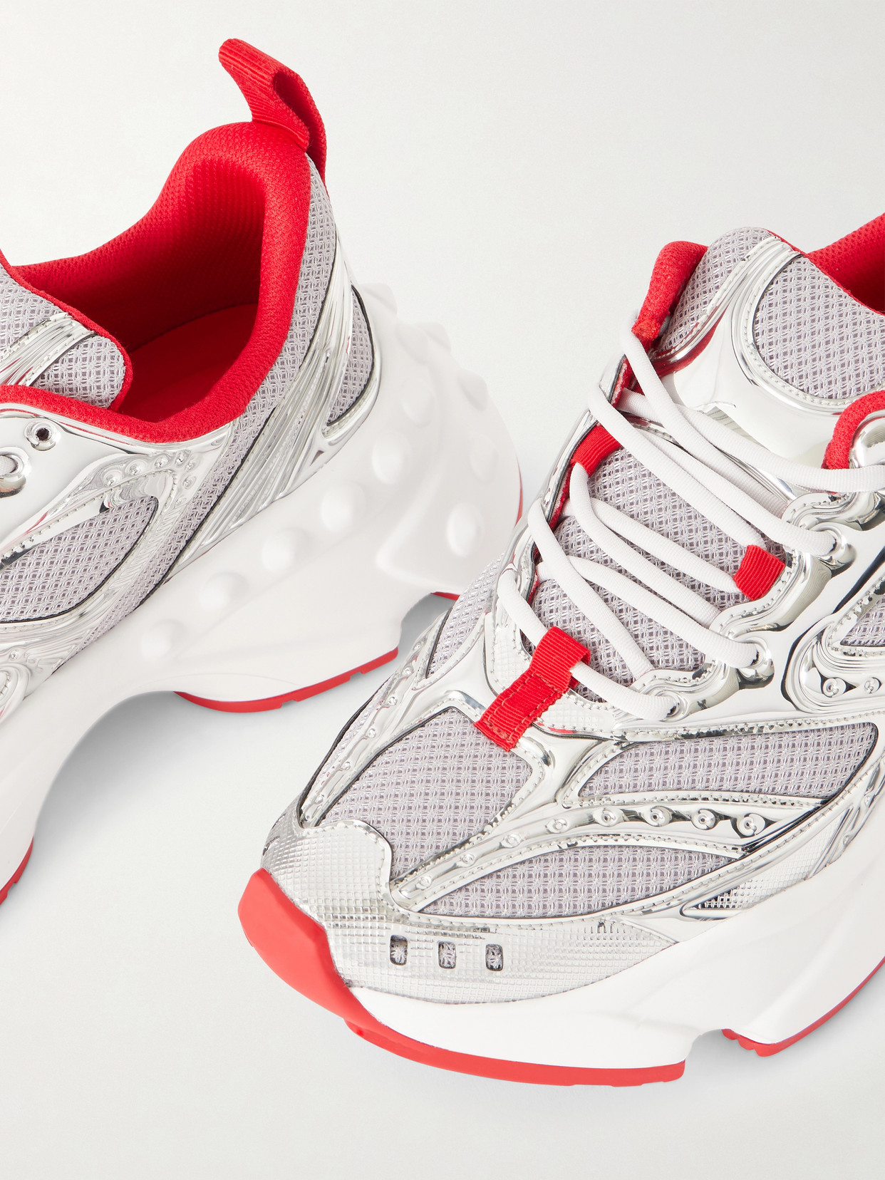 Christian Louboutin So Flo Metallic Leather-trimmed Mesh Sneakers In Silver
