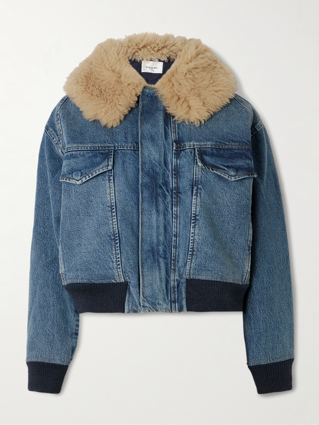 Frame The Aviator Shearling-trimmed Denim Jacket In Blue