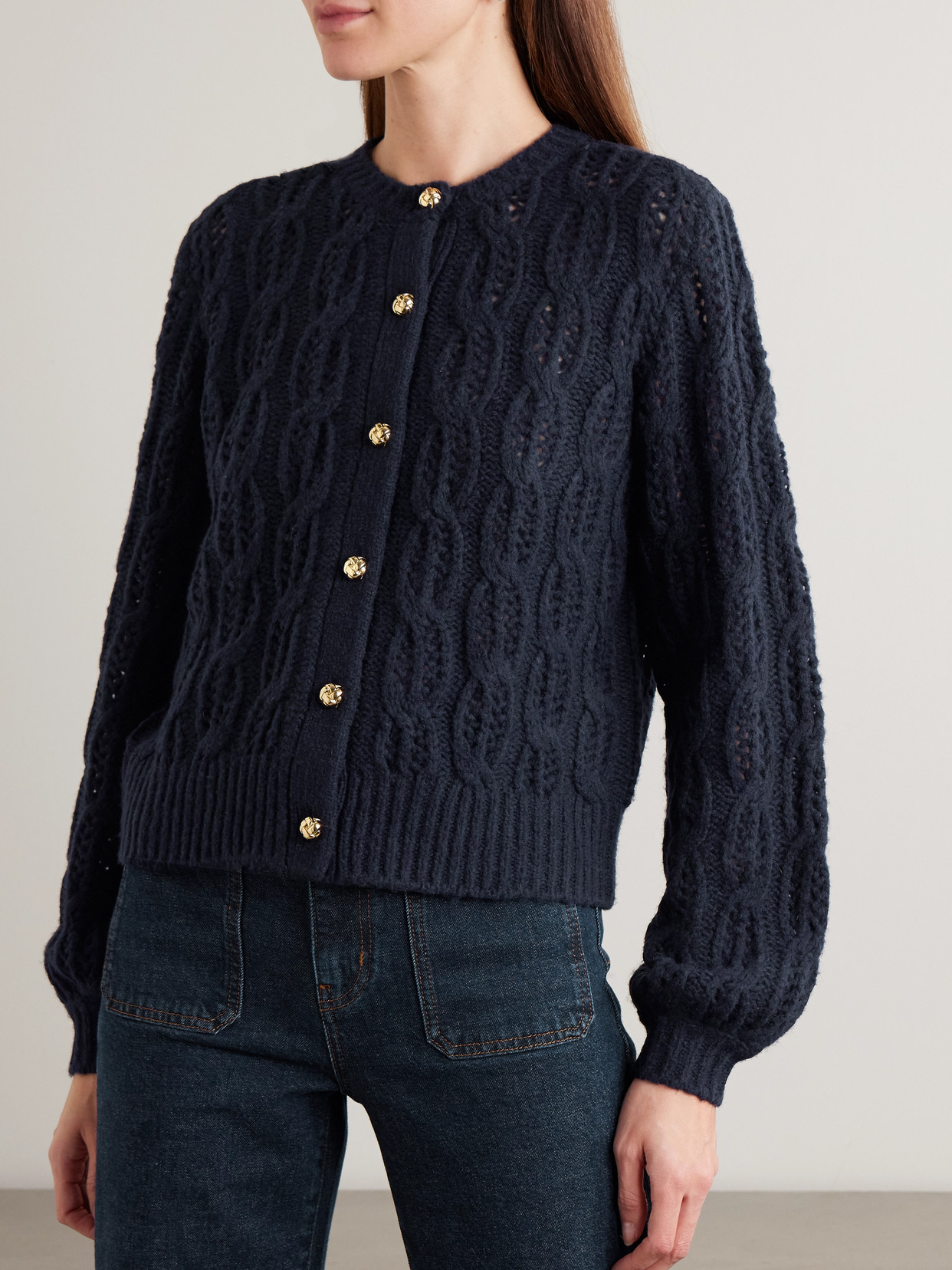 Frame Cape-effect Cable-knit Wool-blend Cardigan In Blue