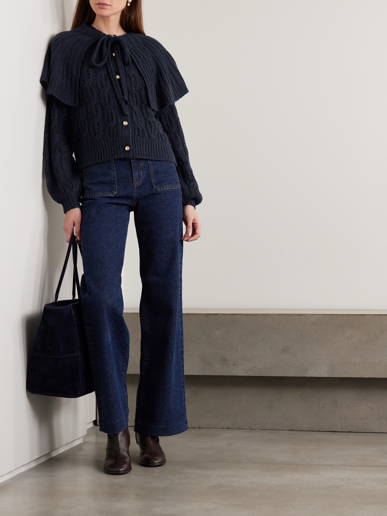 Frame Cape-effect Cable-knit Wool-blend Cardigan In Blue