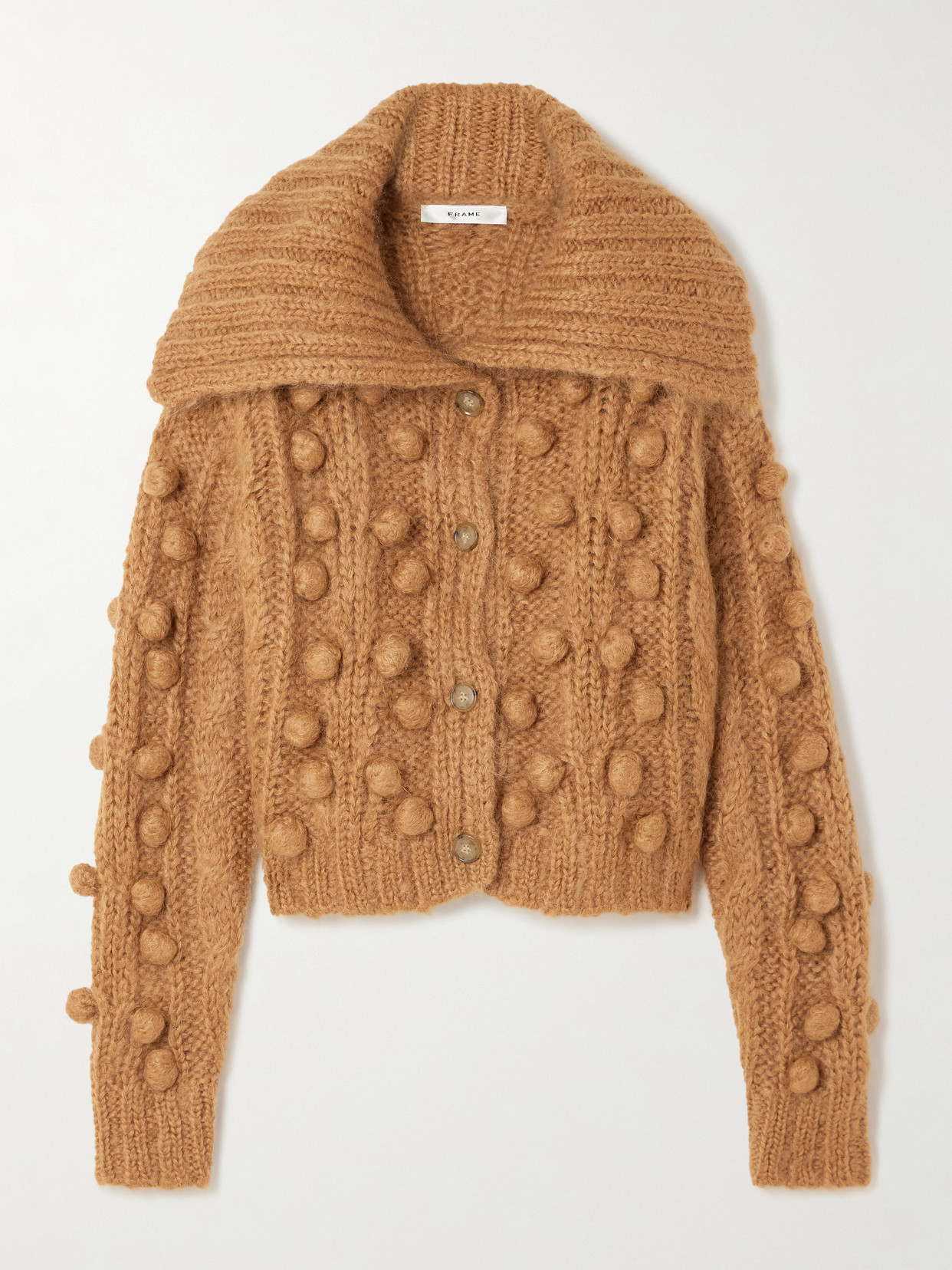 Frame Bauble Pompom-embellished Mohair-blend Cardigan In Brown