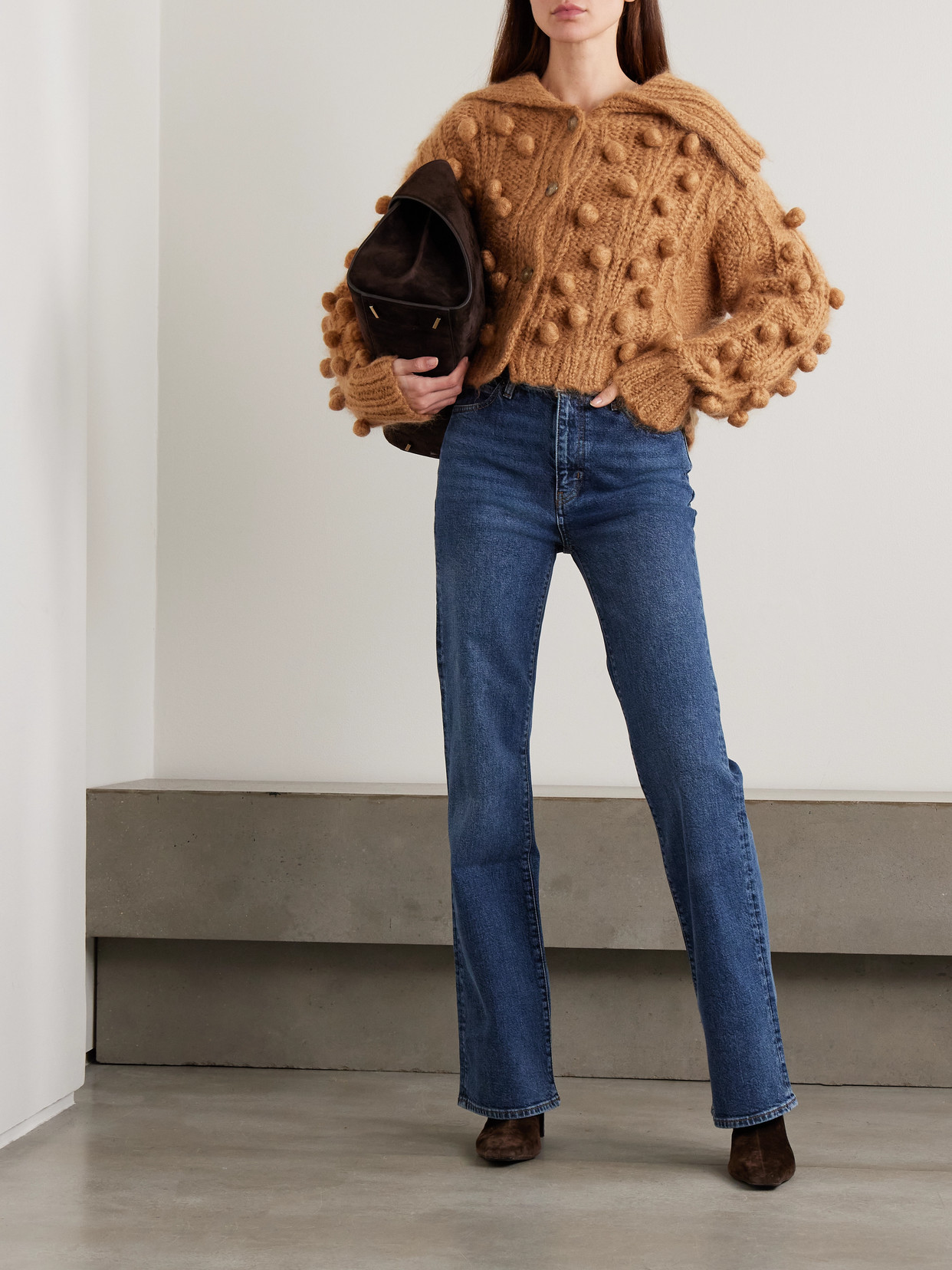 Frame Bauble Pompom-embellished Mohair-blend Cardigan In Brown