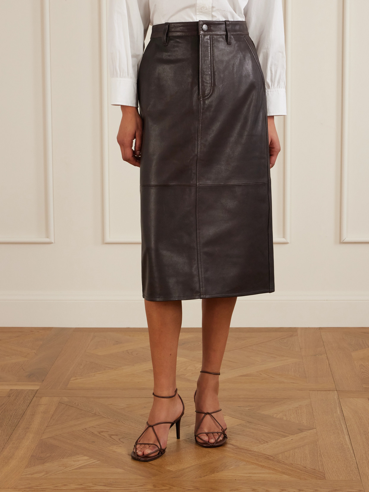 Frame Paneled Leather Midi Skirt In Multi