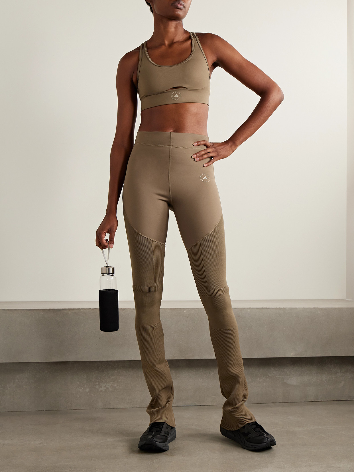Adidas By Stella Mccartney Paneled Stretch Recycled And Ribbed-knit Leggings In Brown
