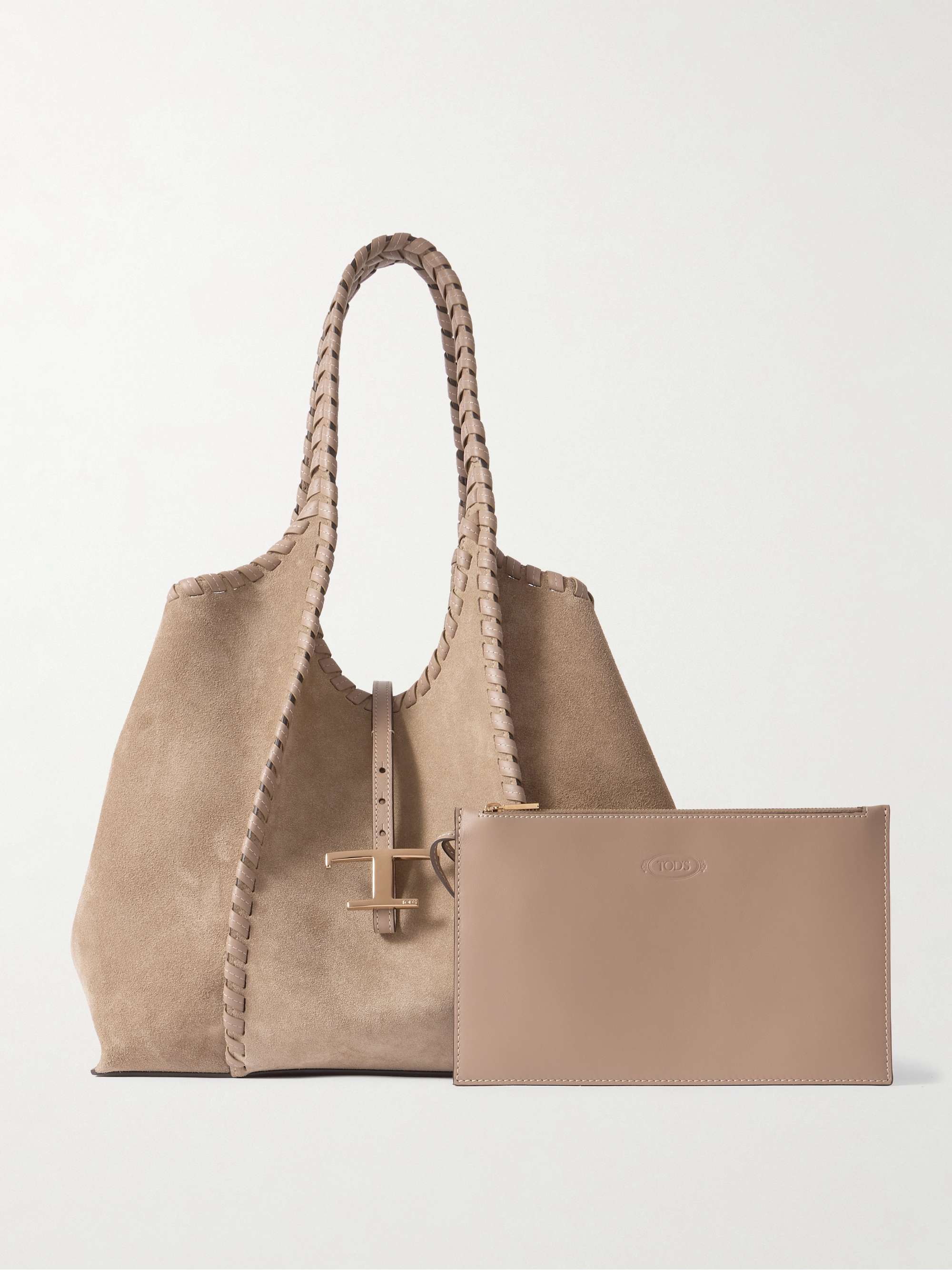 TOD'S T Timeless whipstitched leather-trimmed suede shoulder bag