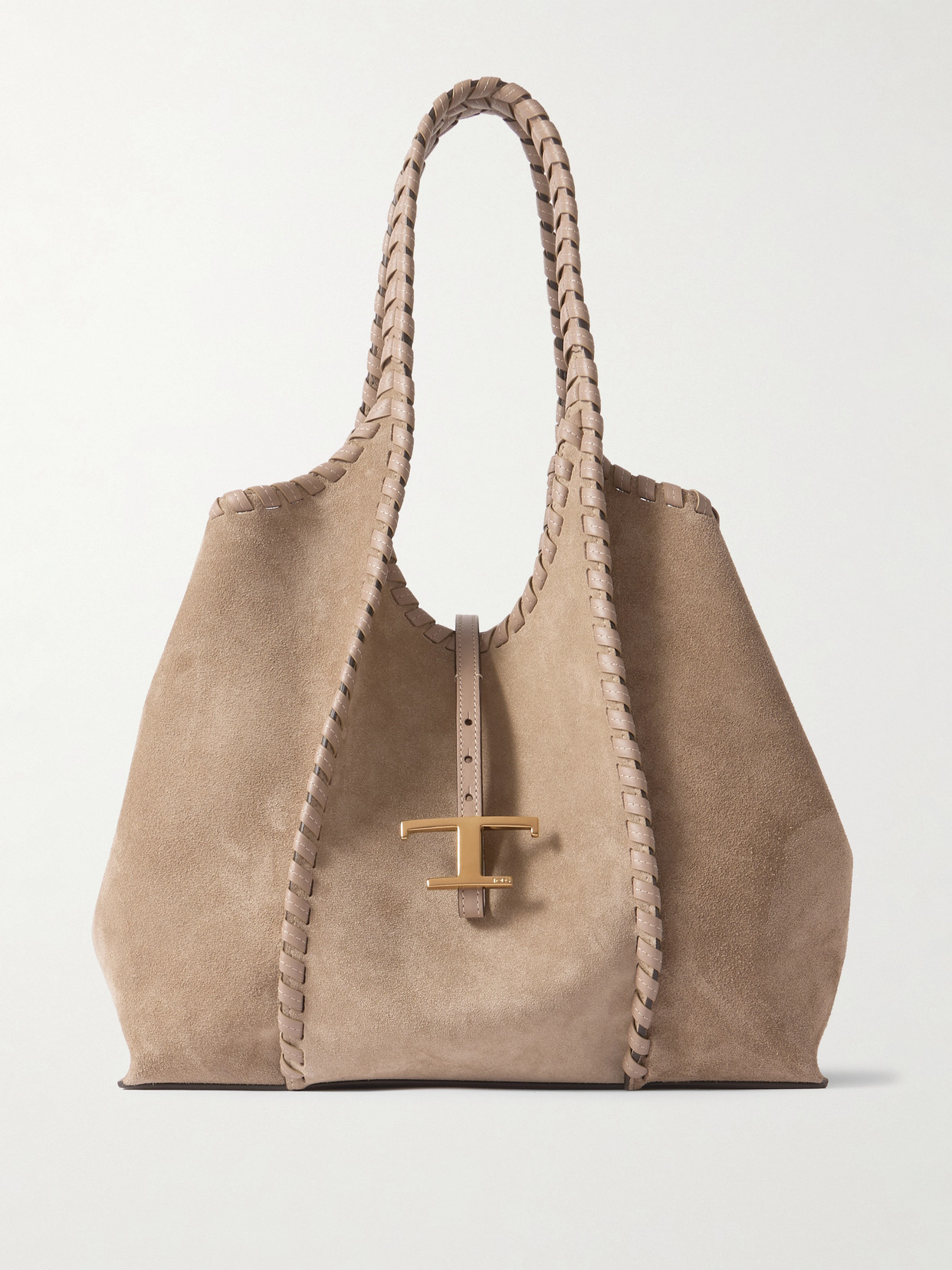 Tod's T Timeless Whipstitched Leather-trimmed Suede Shoulder Bag In White