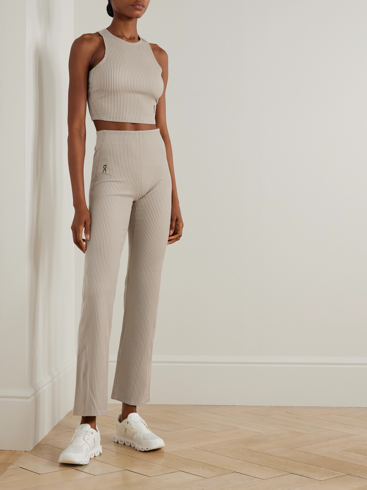 On All-day Striped Ribbed Stretch Recycled-jersey Flared Pants In Neutral