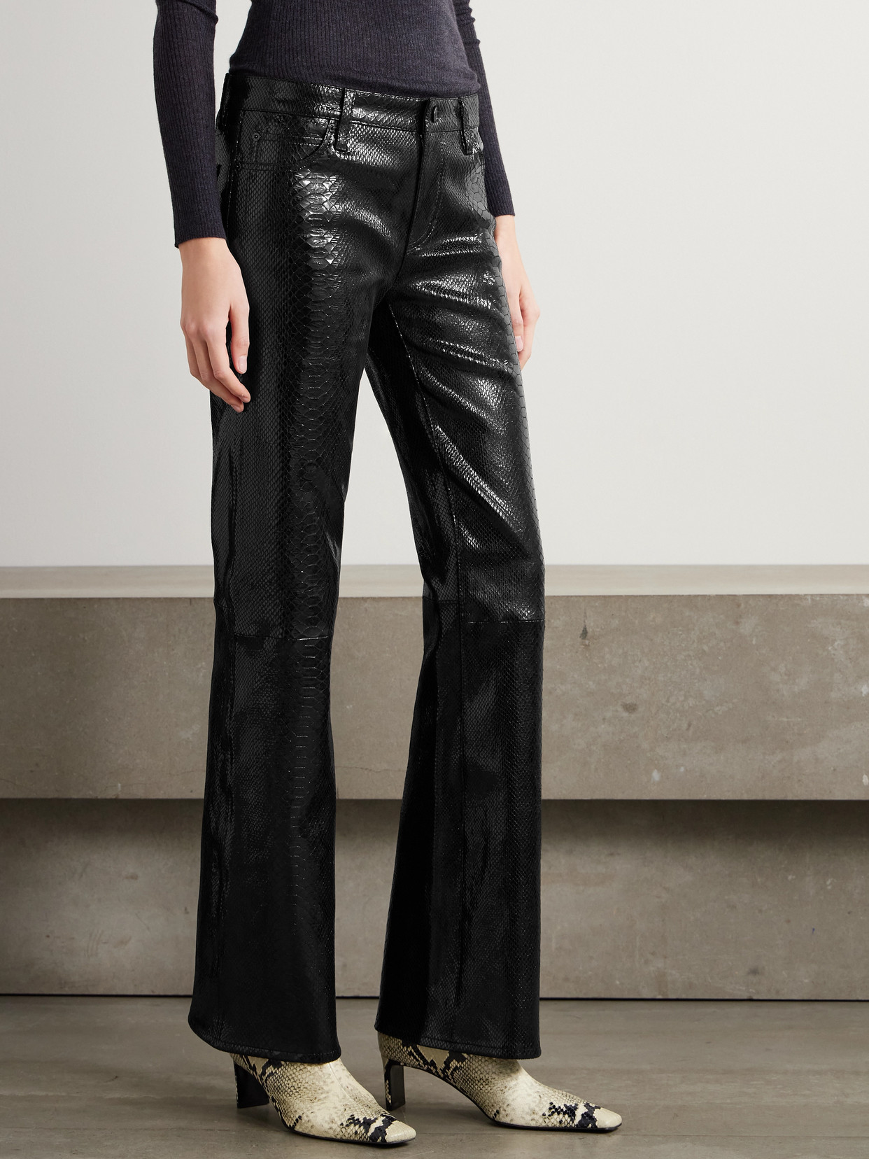 Frame Crinkled Cropped High-rise Wide-leg Leather Pants In Black