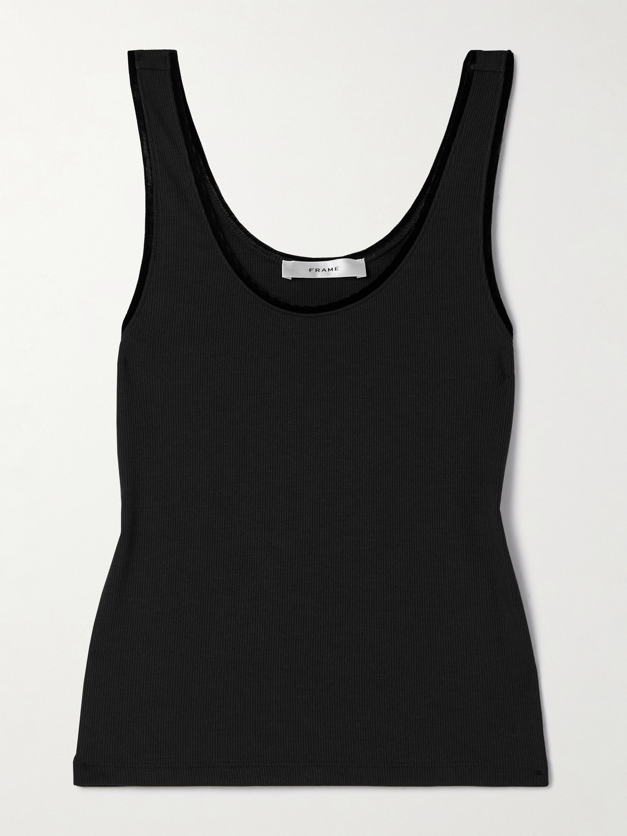 Frame Velvet-trimmed Ribbed Stretch-modal Tank In Black