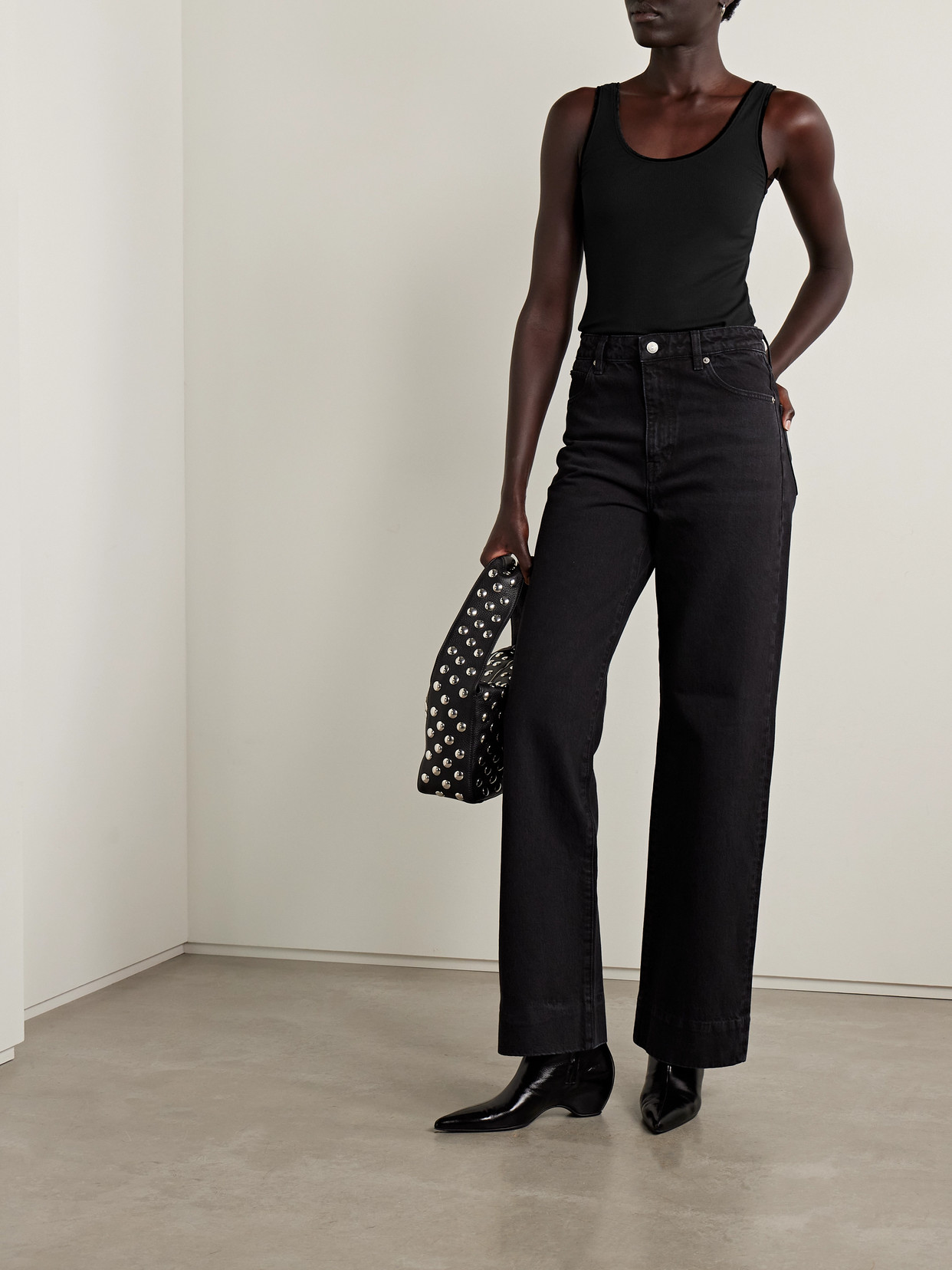 Frame Velvet-trimmed Ribbed Stretch-modal Tank In Black